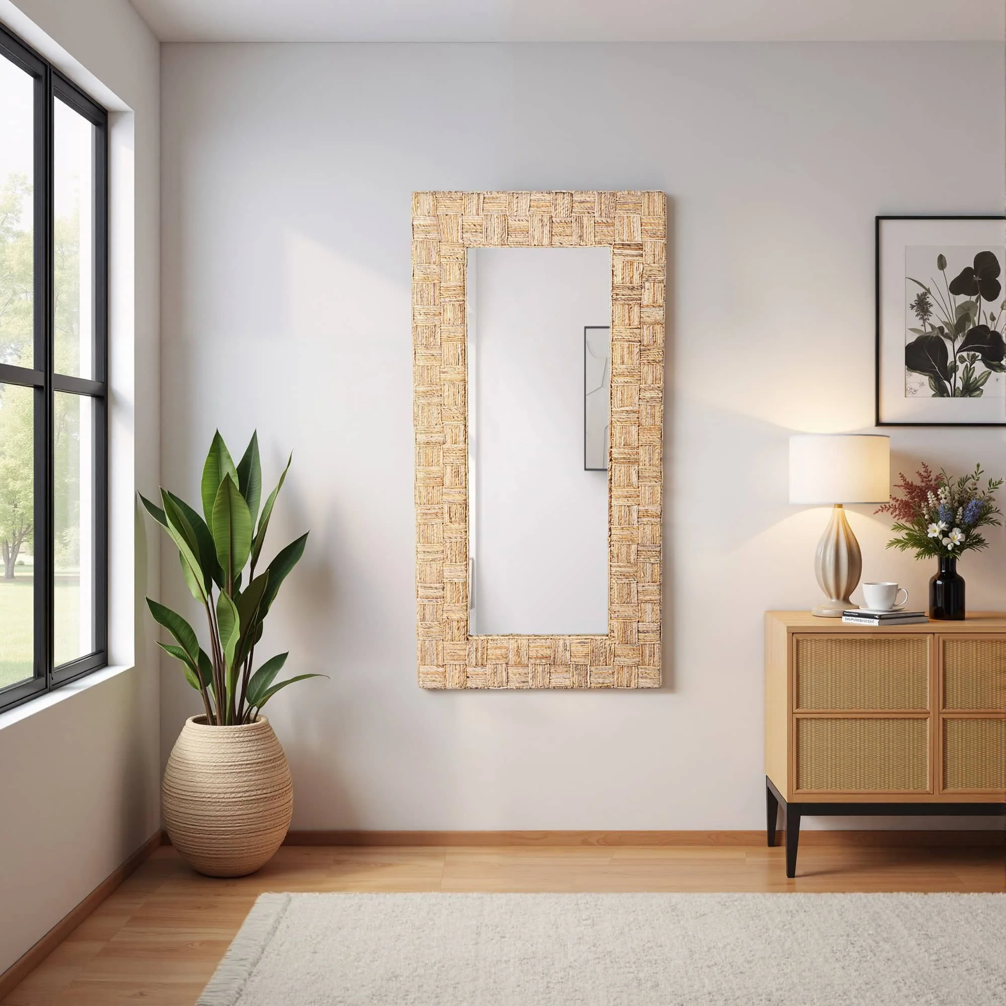 39"x79" Woven Abaca Leaner Mirror, Natural - Image 9