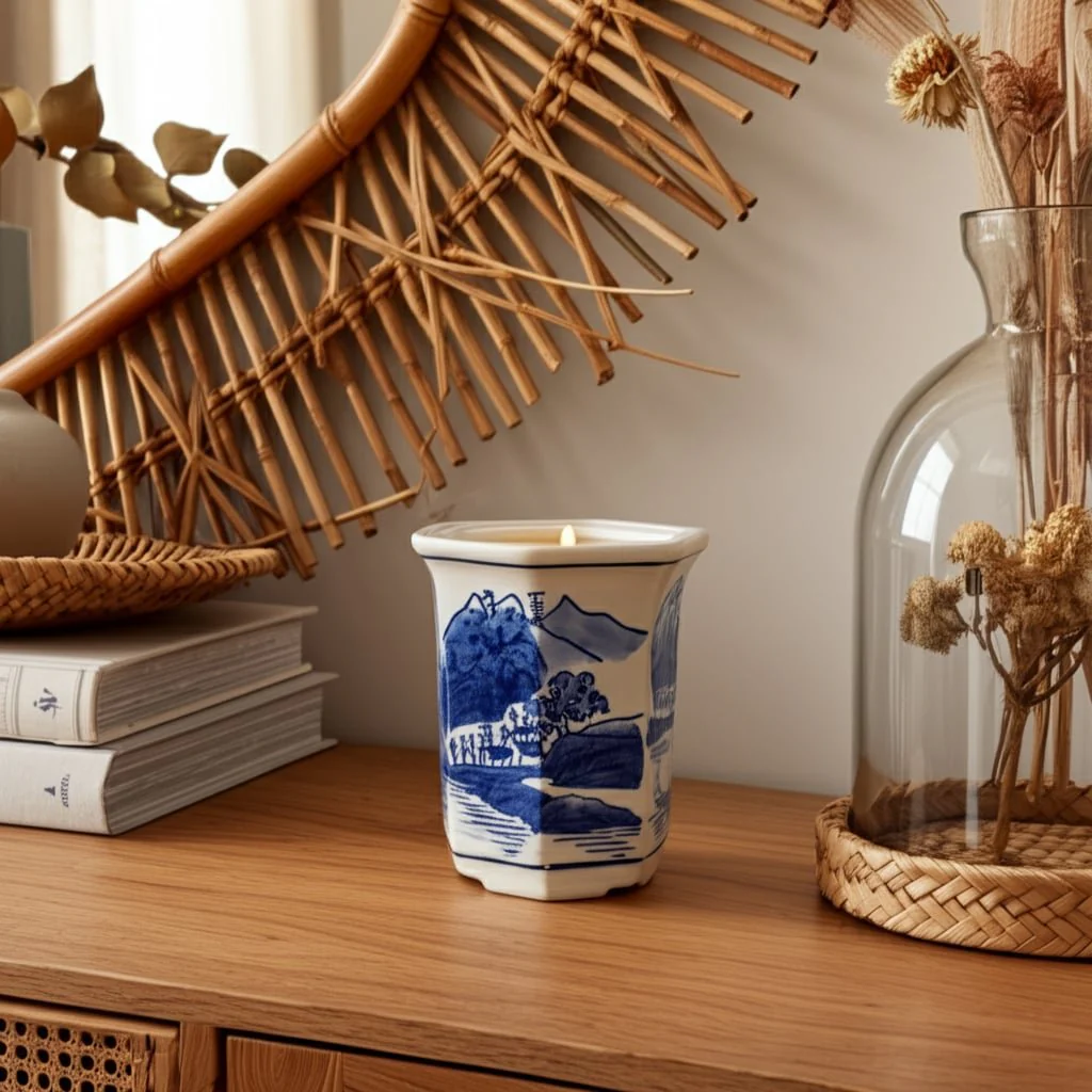 4", 6oz  Chinoiserie Candle , Blue/white - Image 10