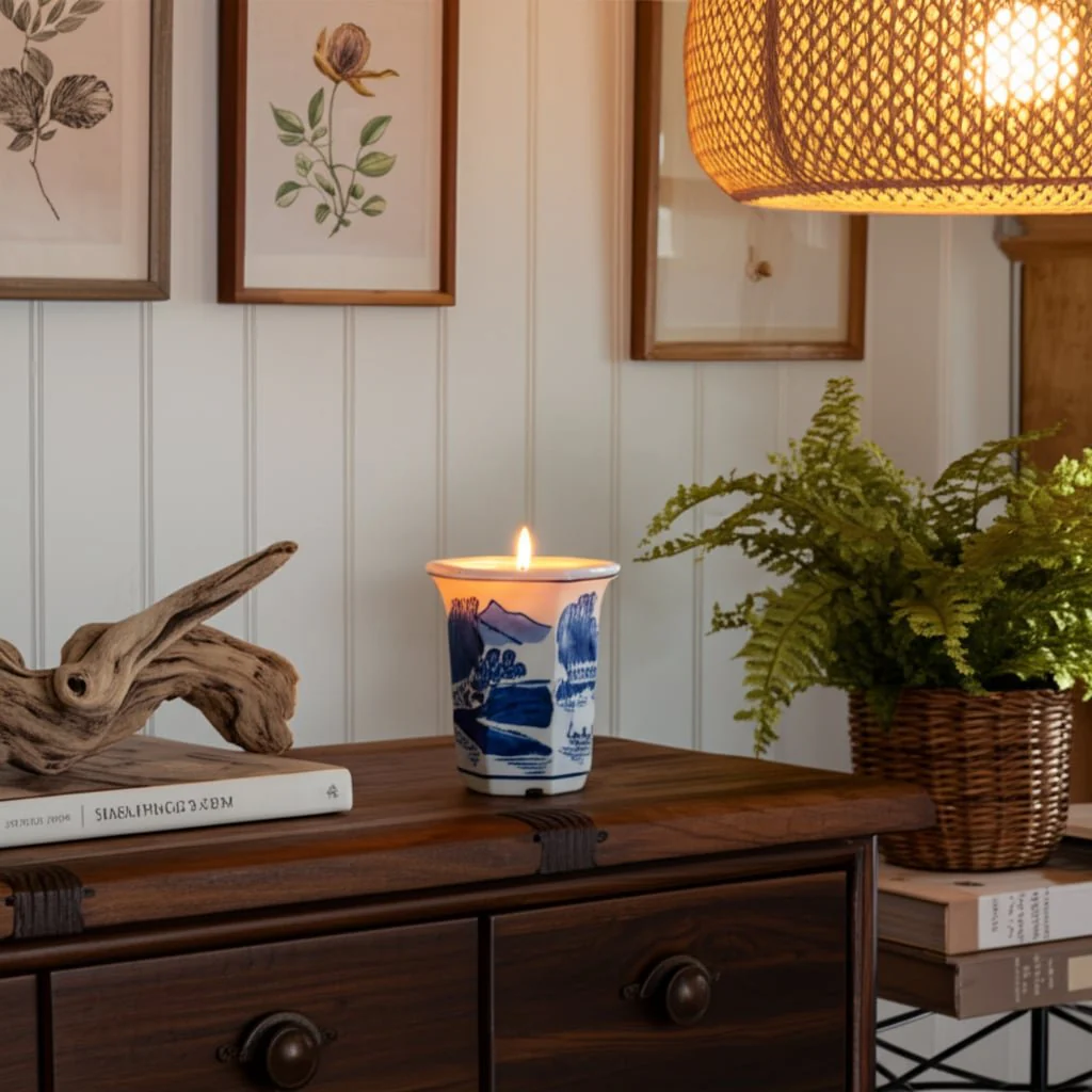 4", 6oz  Chinoiserie Candle , Blue/white - Image 11