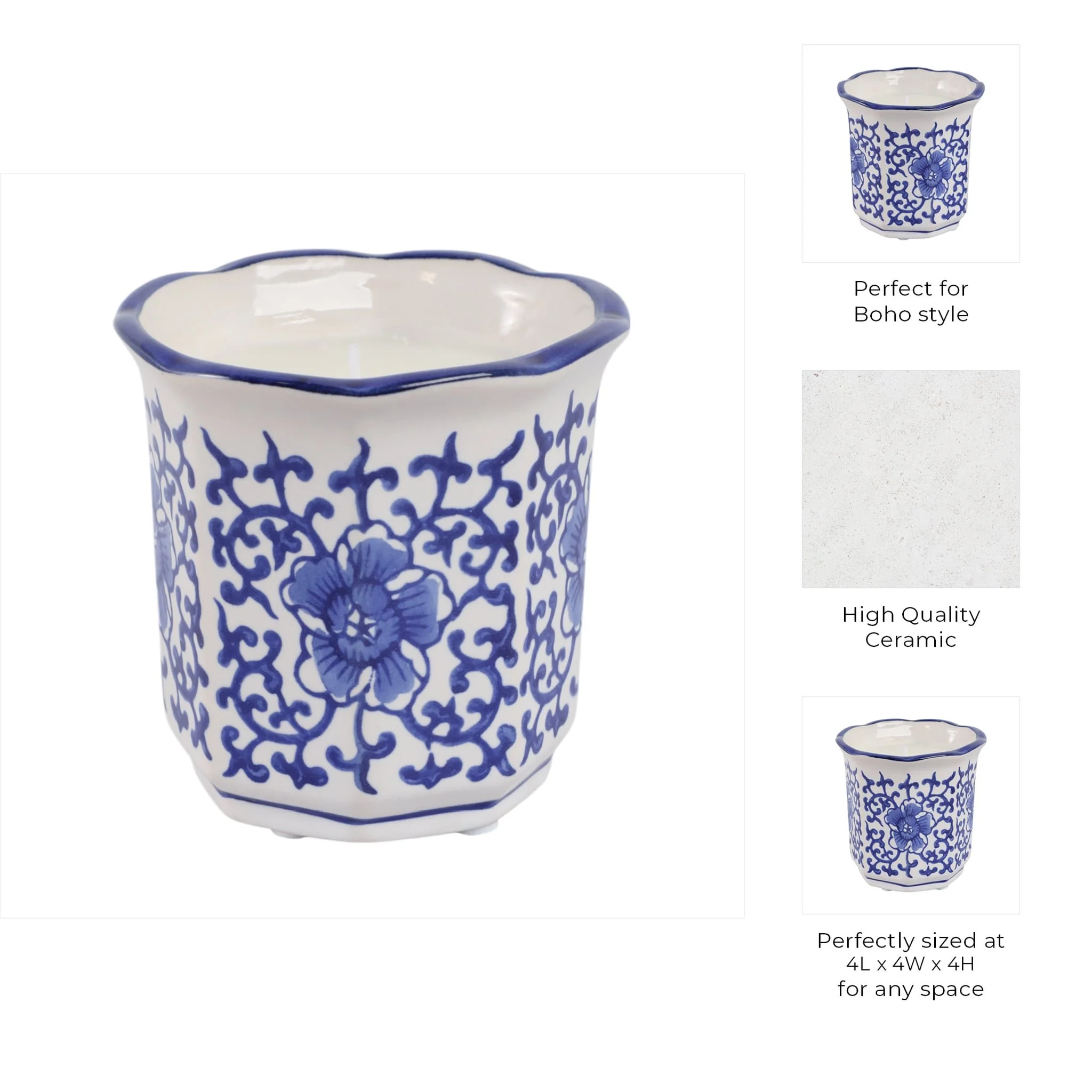 4", 6oz Fluted Chinoiserie Candle , Blue/white - Image 9