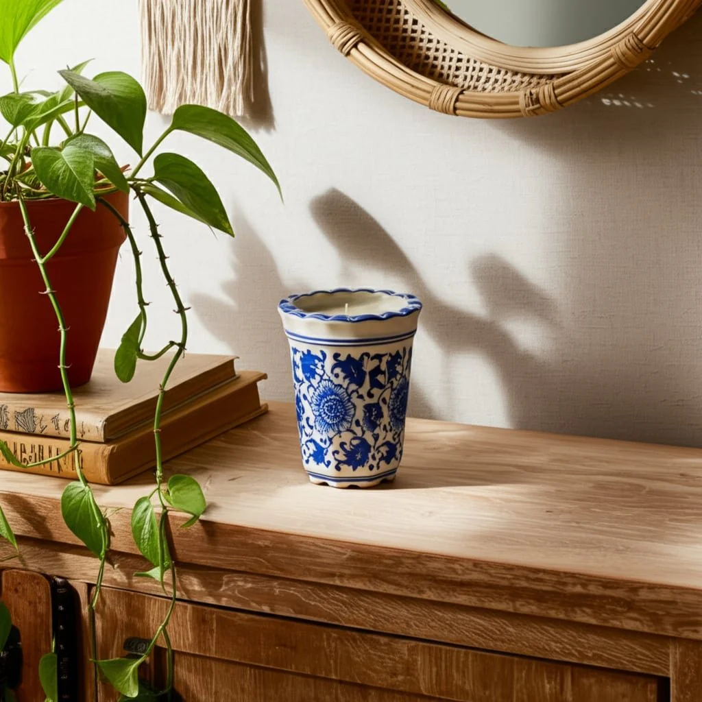 4", 7oz Fluted Chinoiserie Candle , Blue/white - Image 10