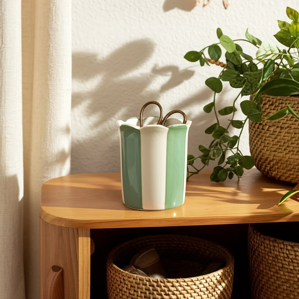 4" Striped Pencil Cup, Green/ivory - Image 8