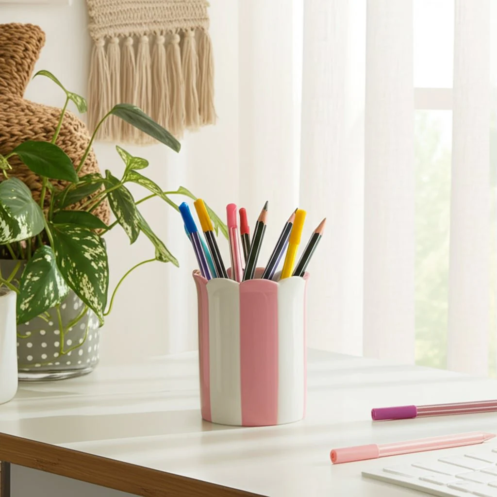 4" Striped Pencil Cup, Pink/ivory - Image 8