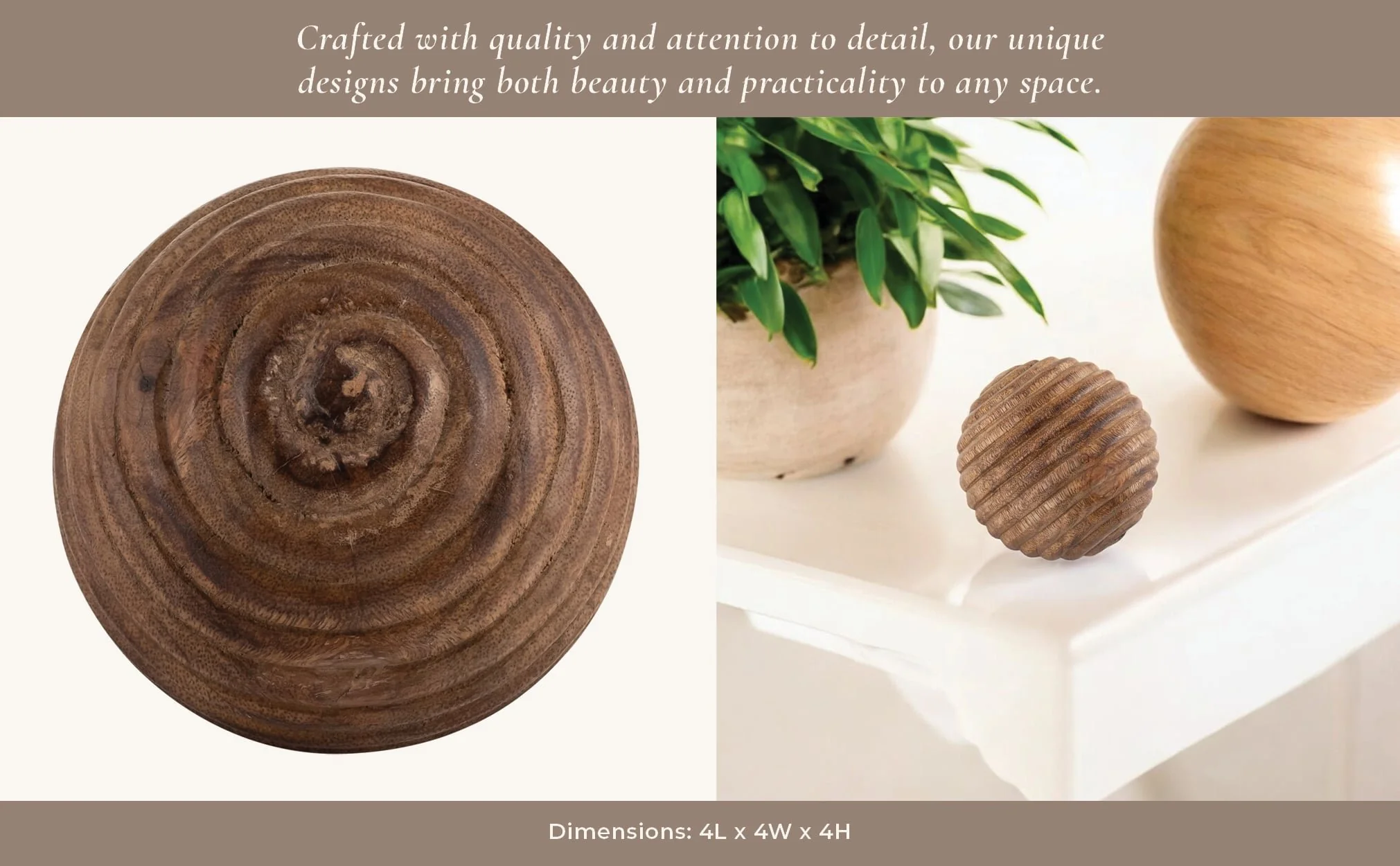 4" Wooden Orb W/ Ridges, Natural - Image 10