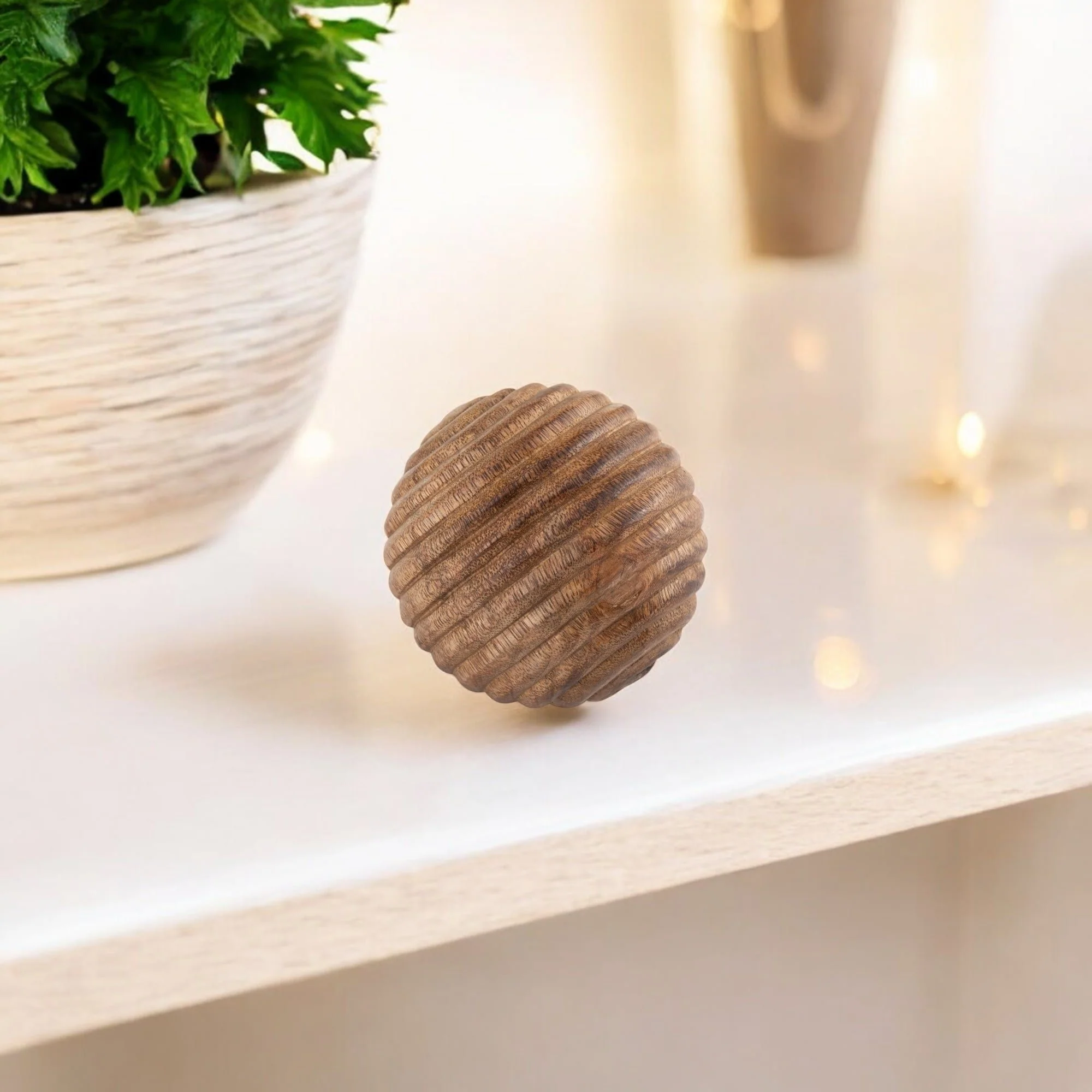 4" Wooden Orb W/ Ridges, Natural - Image 9