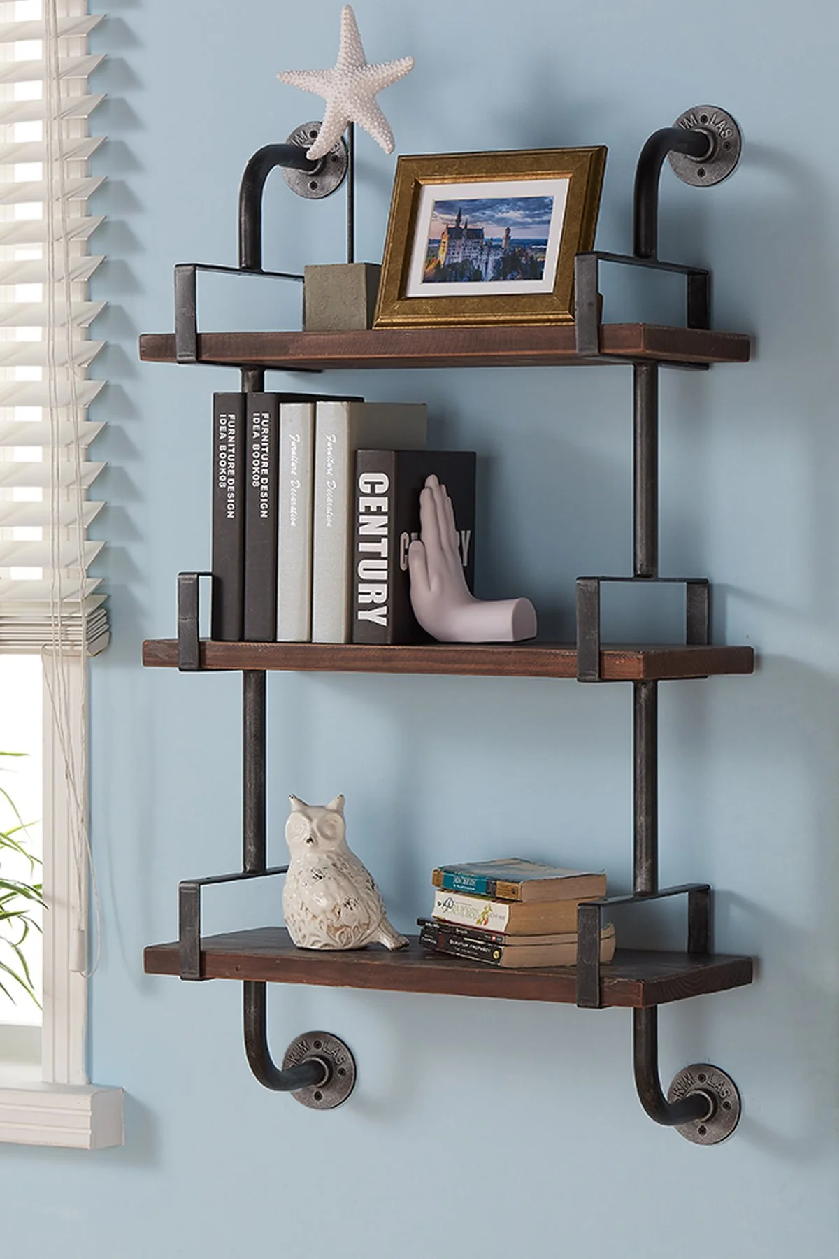 40" Booker Industrial Pine Wood Floating Wall Shelf in Gray and Walnut Finish - Image 3