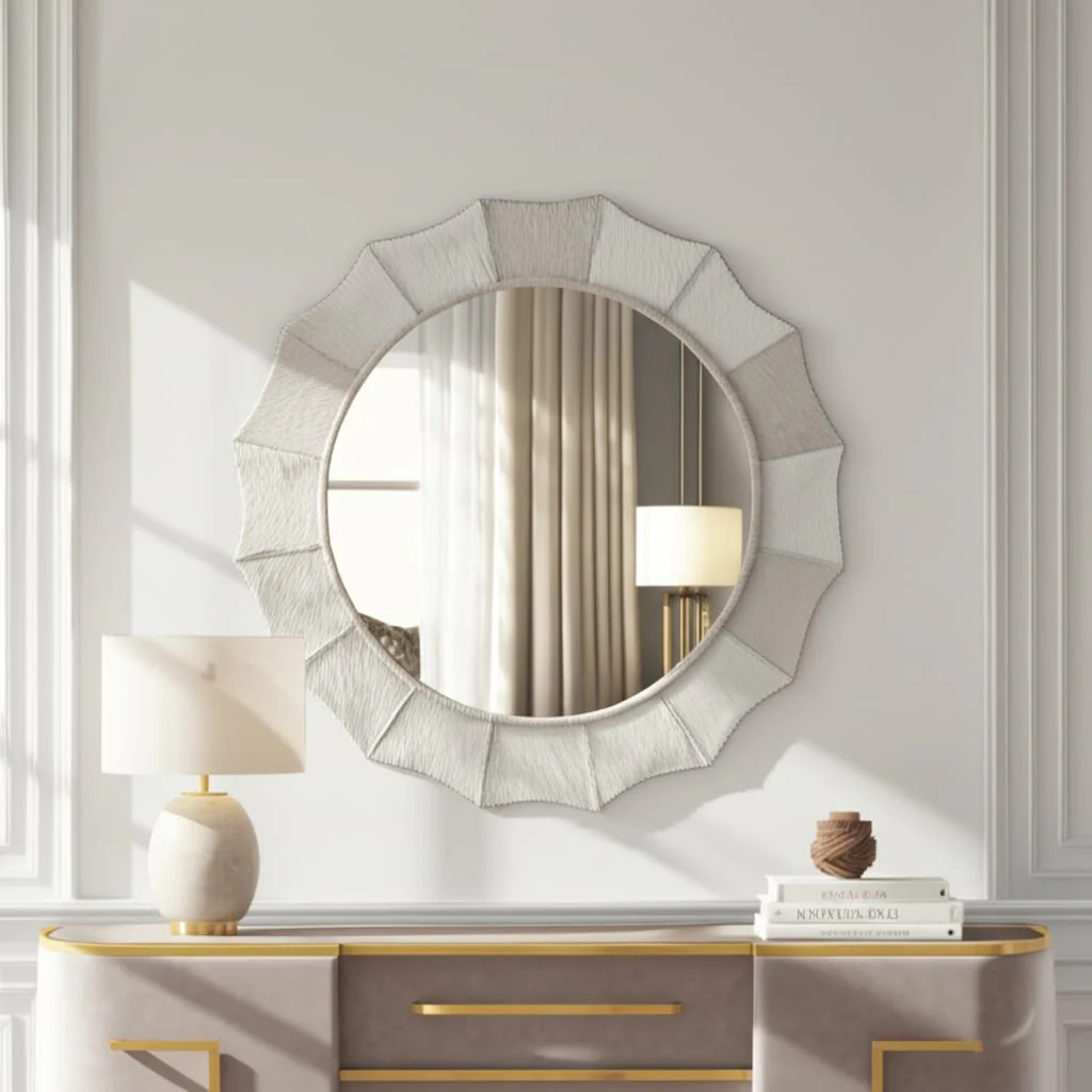 42x42" Inverted Scallop Hair On Hide Mirror, Ivory - Image 10