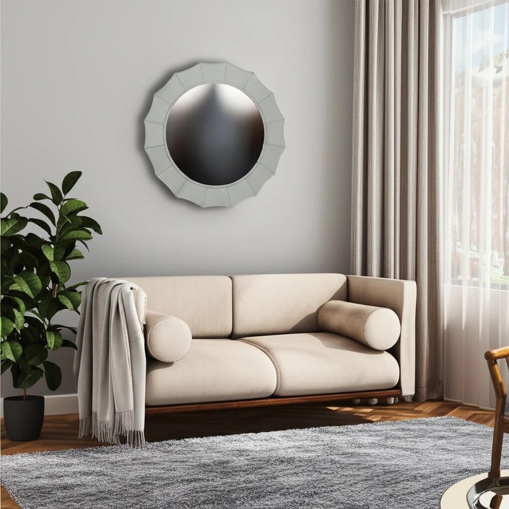 42x42" Inverted Scallop Hair On Hide Mirror, Ivory - Image 12