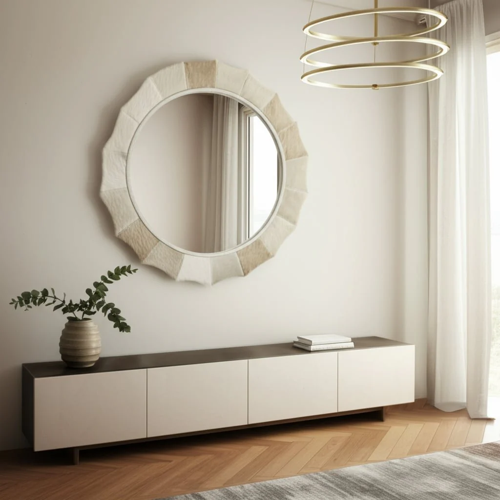 42x42" Inverted Scallop Hair On Hide Mirror, Ivory - Image 9