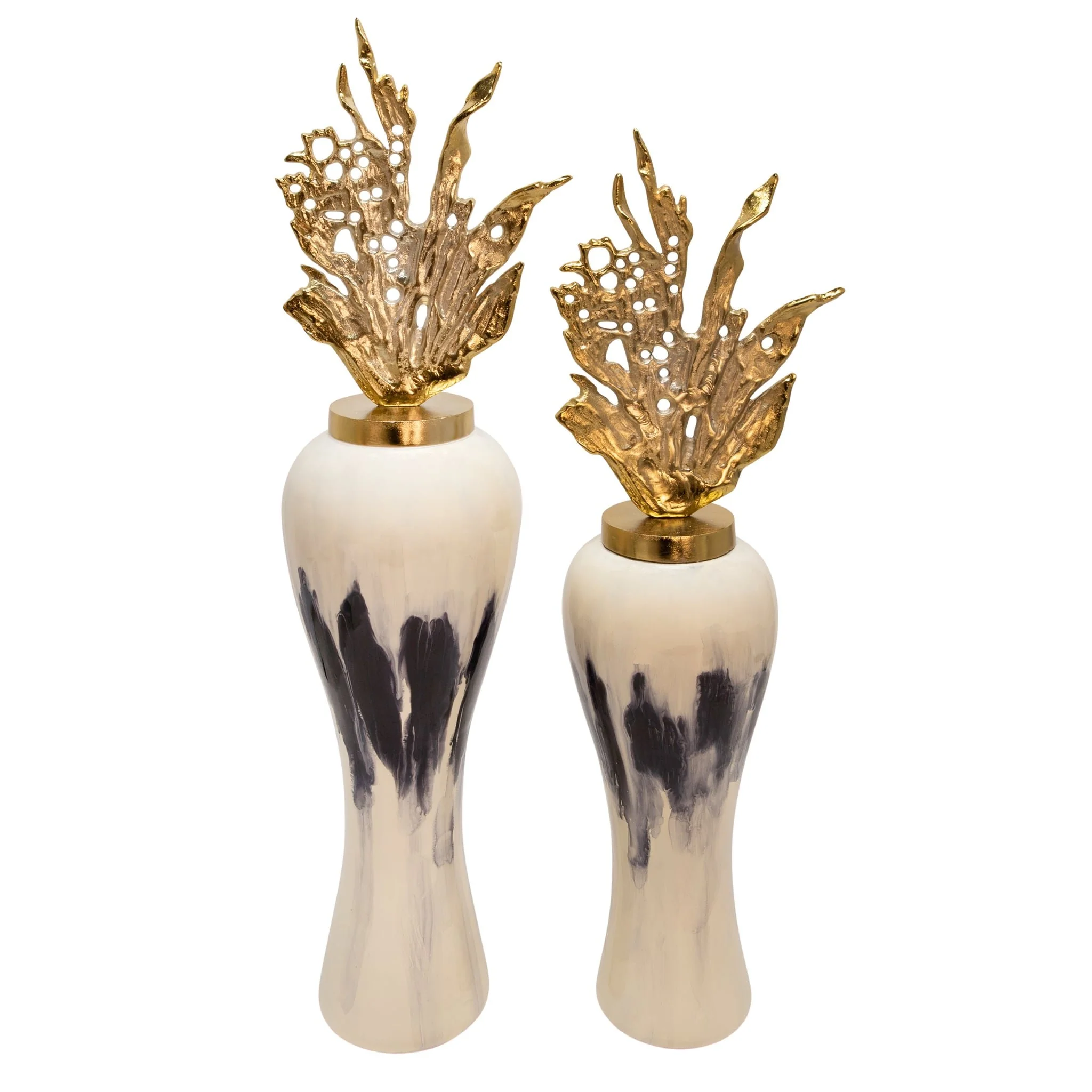 43"h Metal Vase W/ Leaf Like Lid, White - Image 2