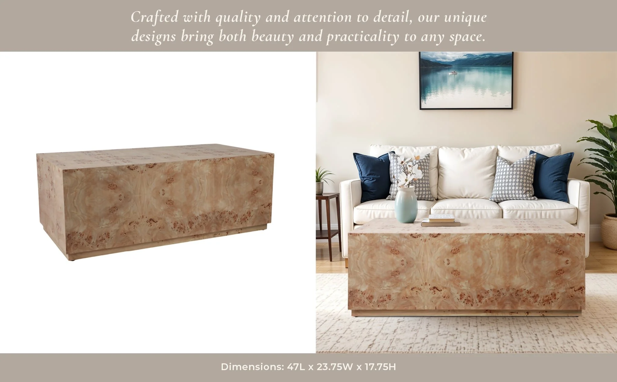 47x24 Rectangular Burl Wood Coffee Table, Tan - Image 10