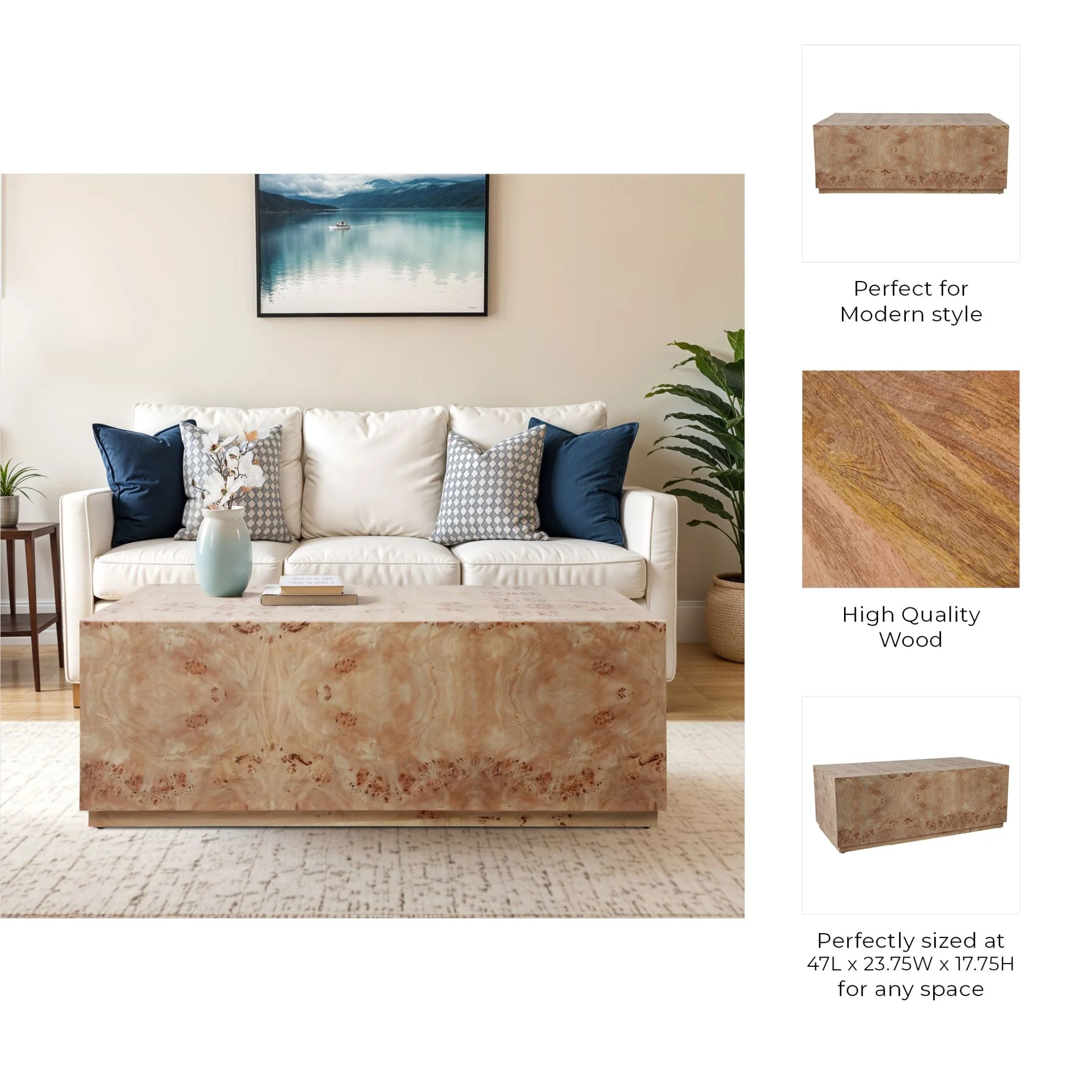 47x24 Rectangular Burl Wood Coffee Table, Tan - Image 8
