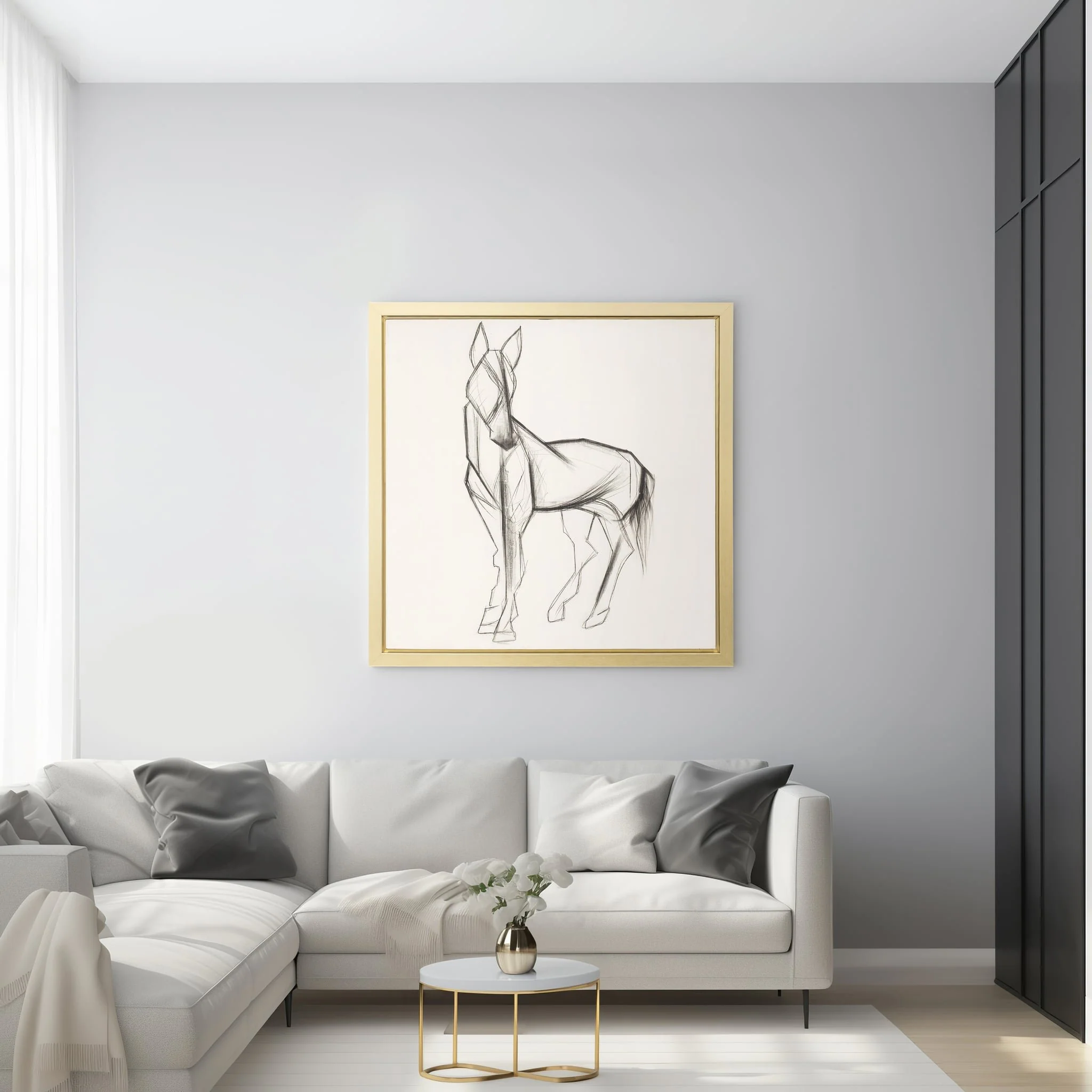 47x47, Hand Painted Elegant Horse Sketch, Blk/wht - Image 10