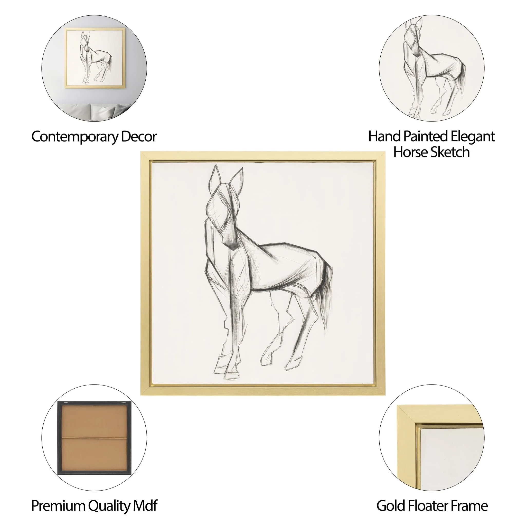47x47, Hand Painted Elegant Horse Sketch, Blk/wht - Image 9