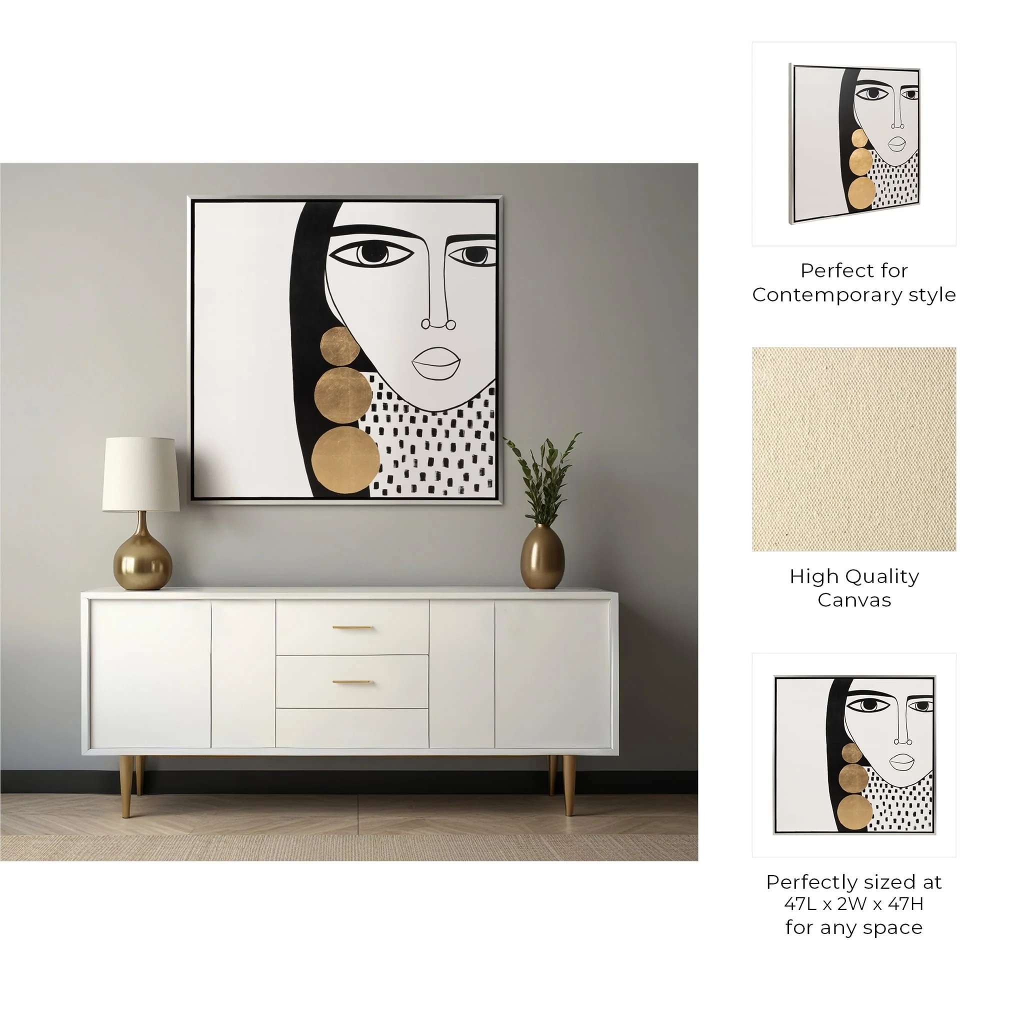 47x47 Hand Painted Gold Hoop Lady,blk/wht - Image 8