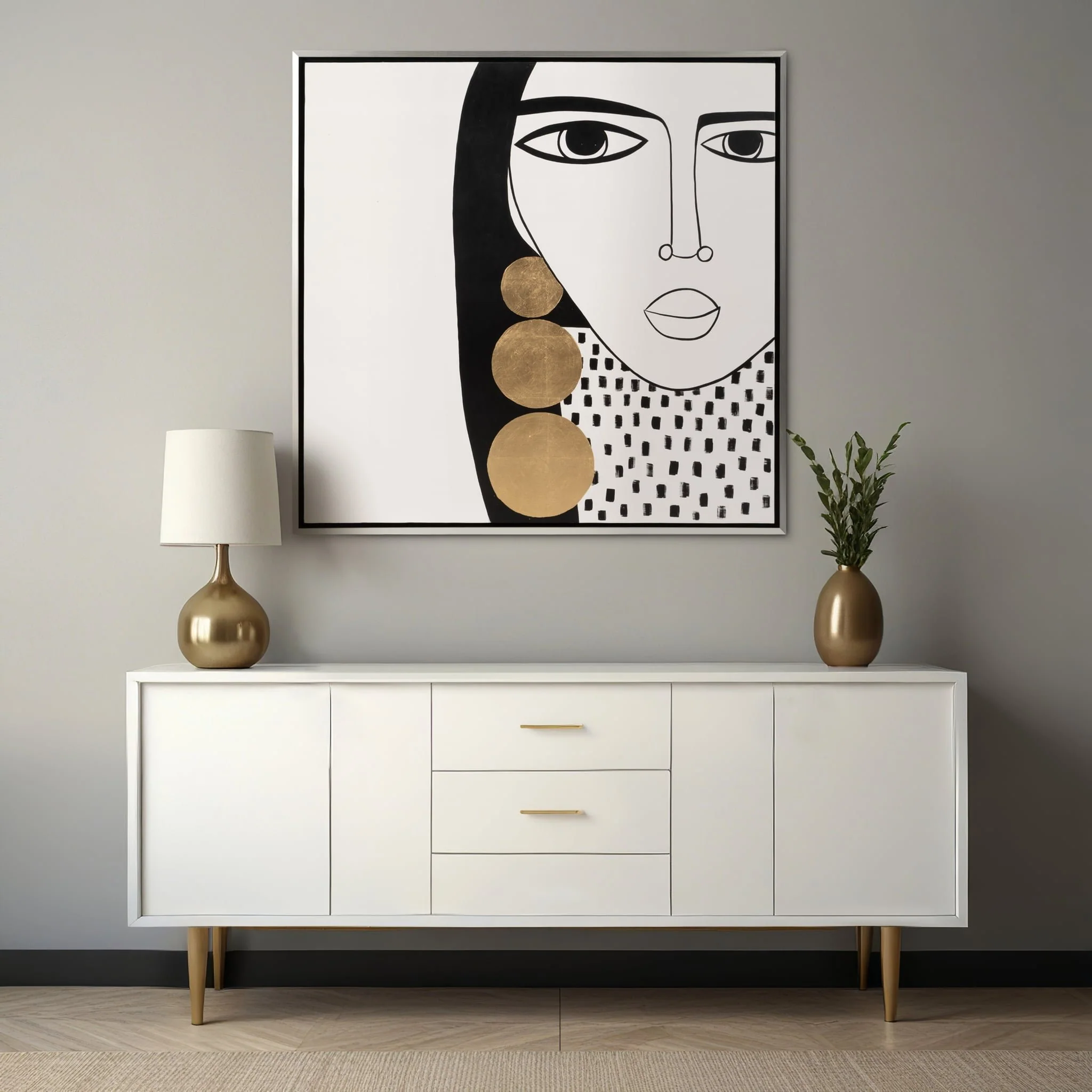 47x47 Hand Painted Gold Hoop Lady,blk/wht - Image 9