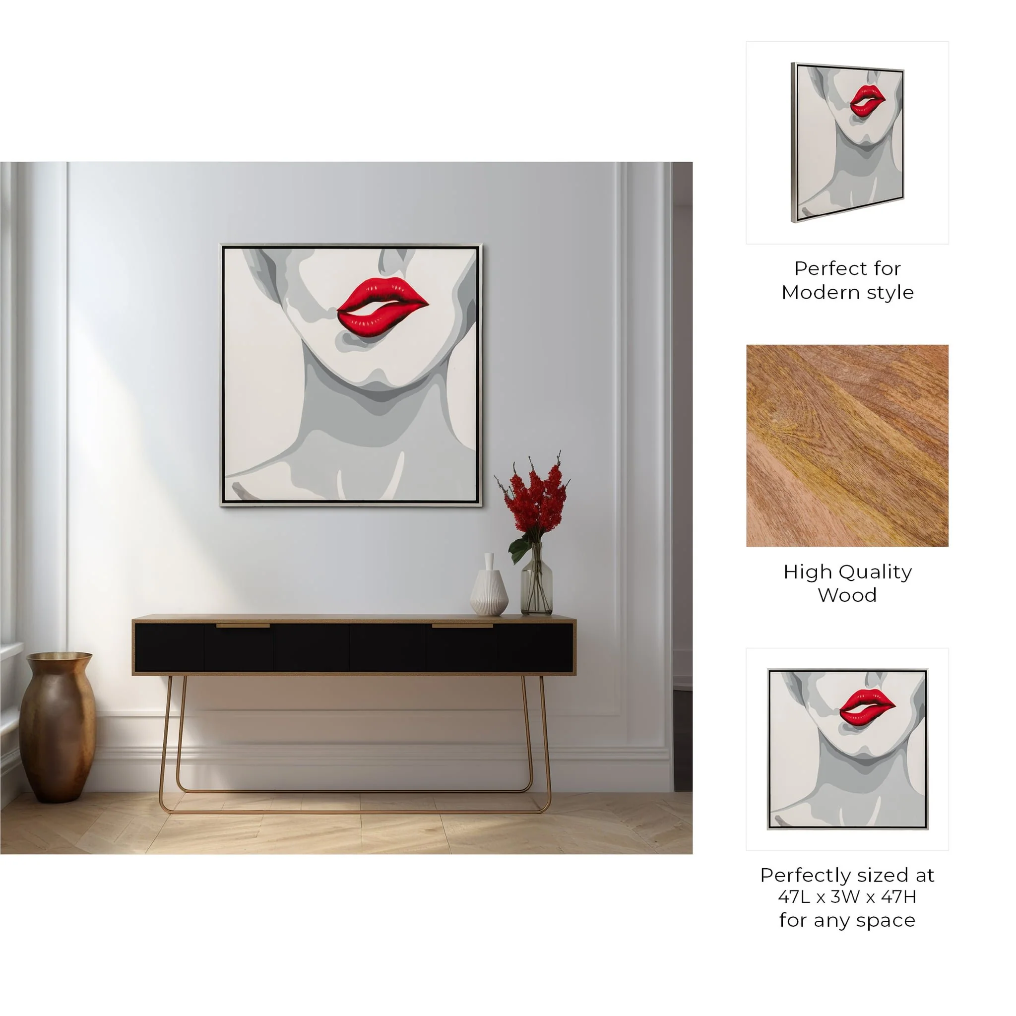 47x47 Hand Painted Lip Bite, White - Image 8