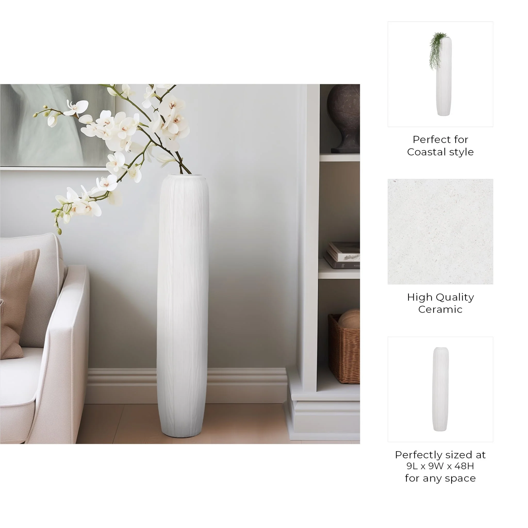 48" Rough Cylinder Floor Vase, White - Image 8