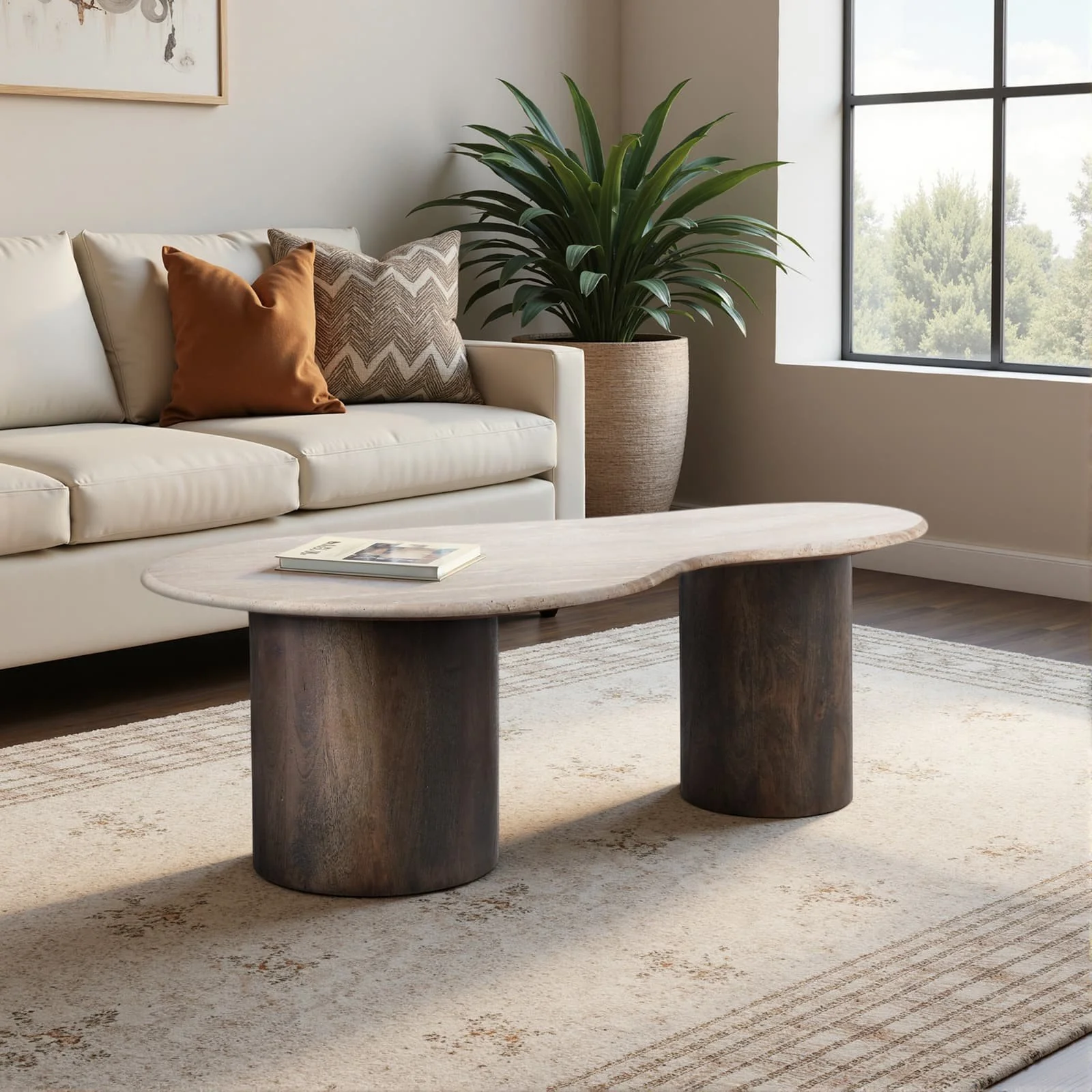 48x16 Curvy Travertine Top Coffee Table, Bwn 2bxs - Image 10