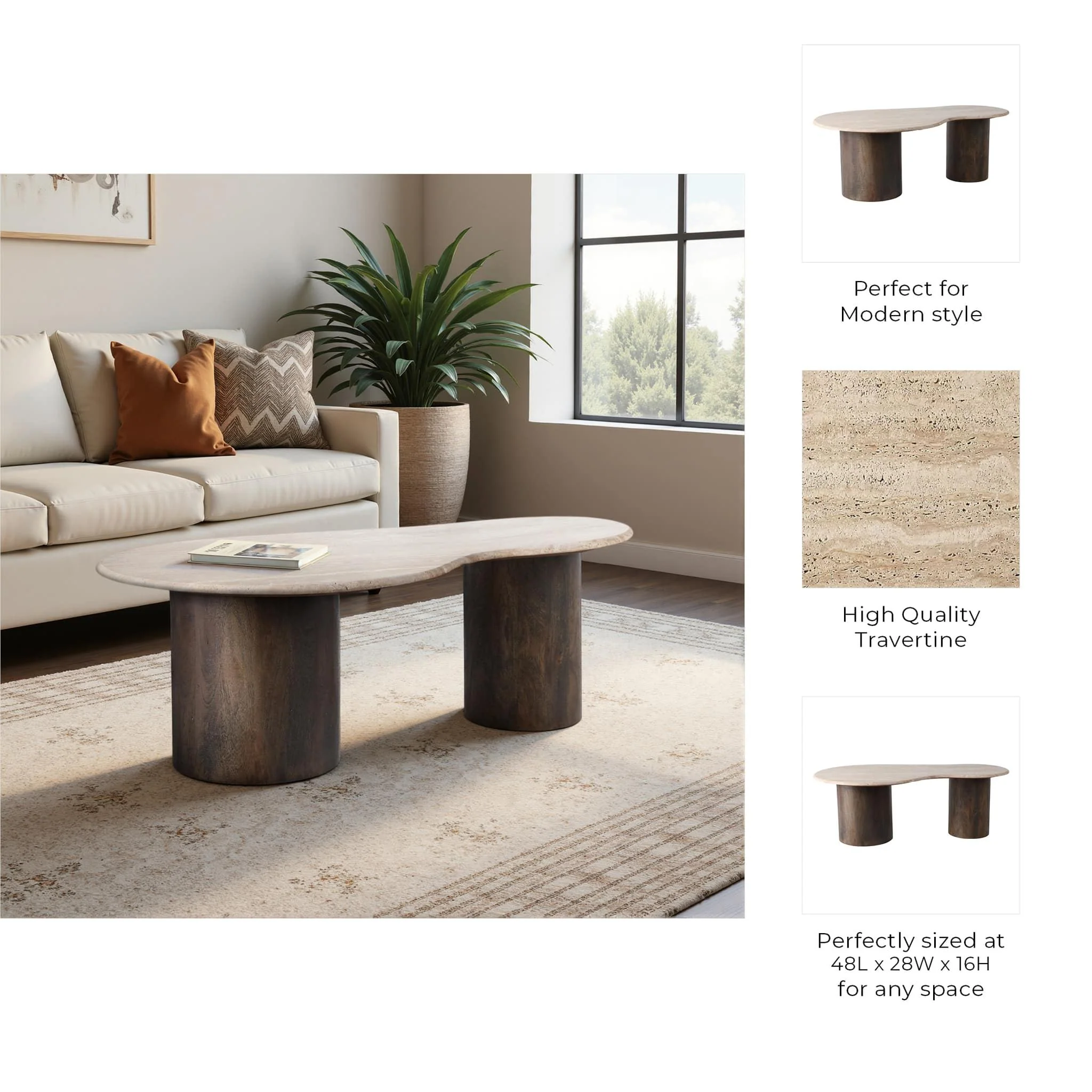 48x16 Curvy Travertine Top Coffee Table, Bwn 2bxs - Image 9
