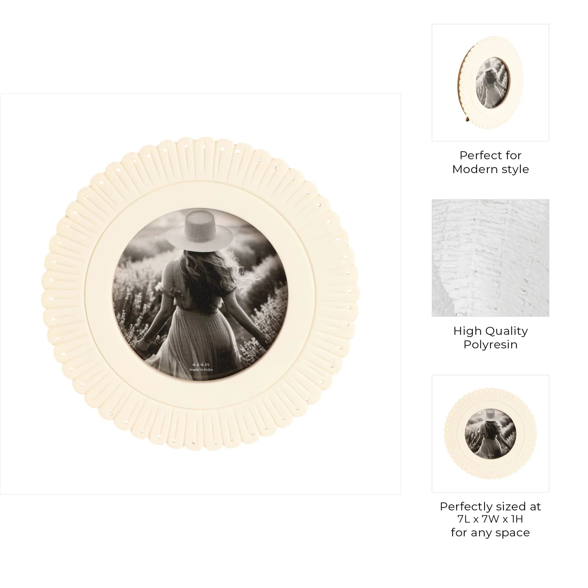 4x4 Round Etched Petal Resin Photo Frame, Ivory - Image 8