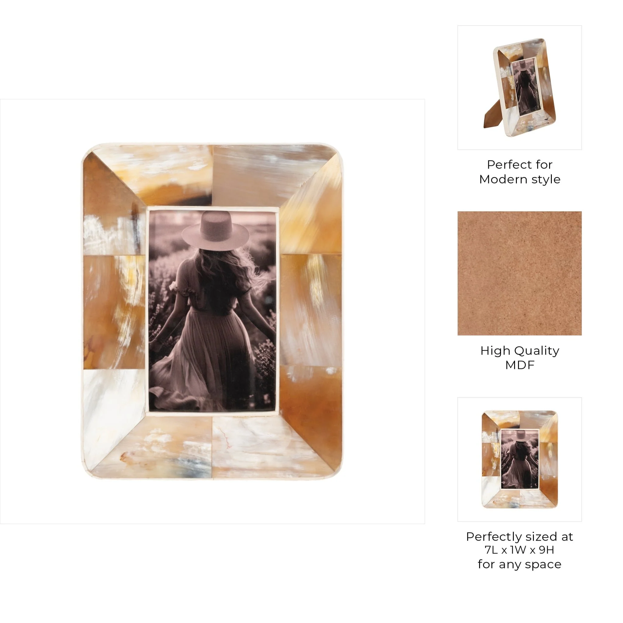 4x6 Curved Edge Horn Photo Frame, Tan Multi - Image 8