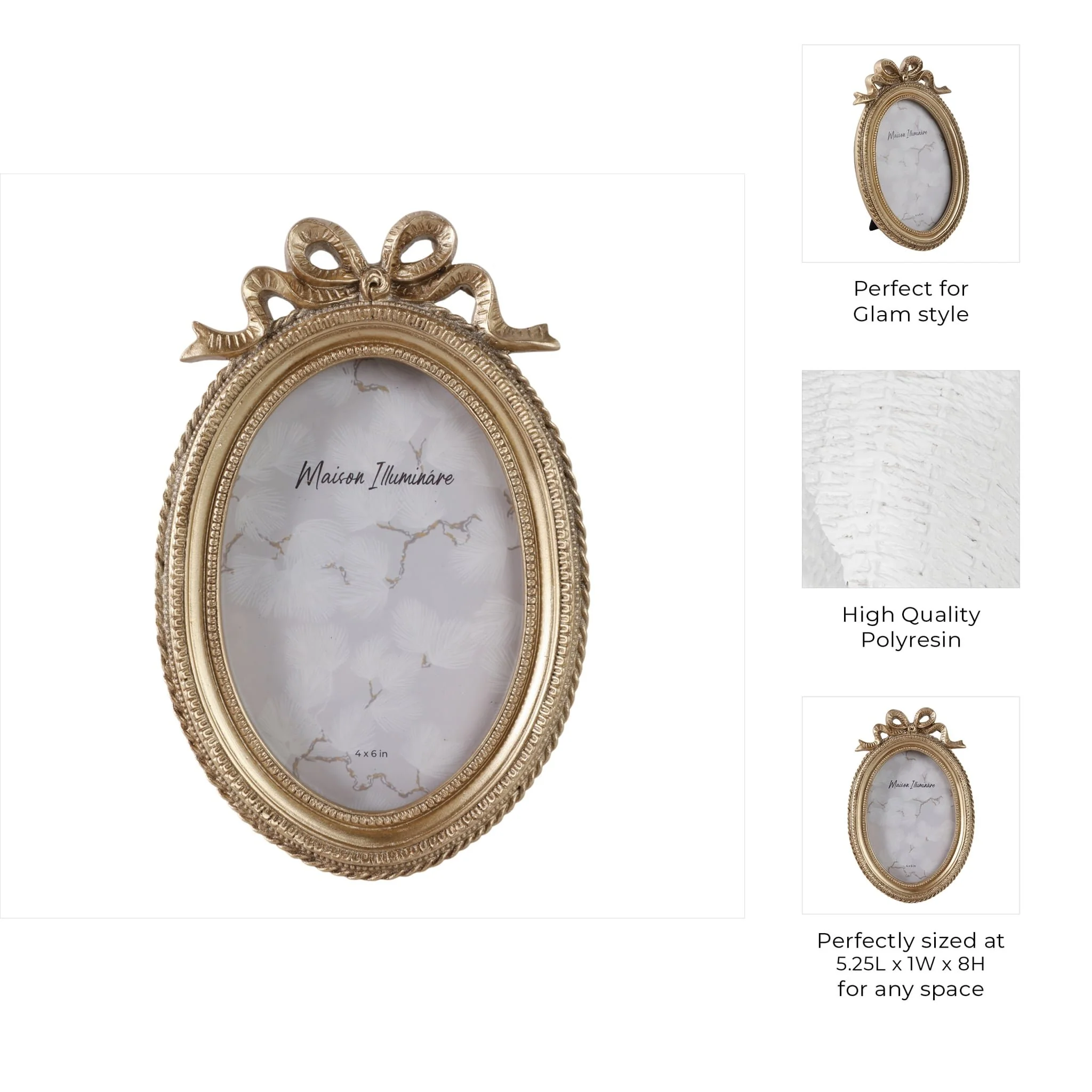 4x6 Oval Coquette Photo Frame With Bow, Gold - Image 8