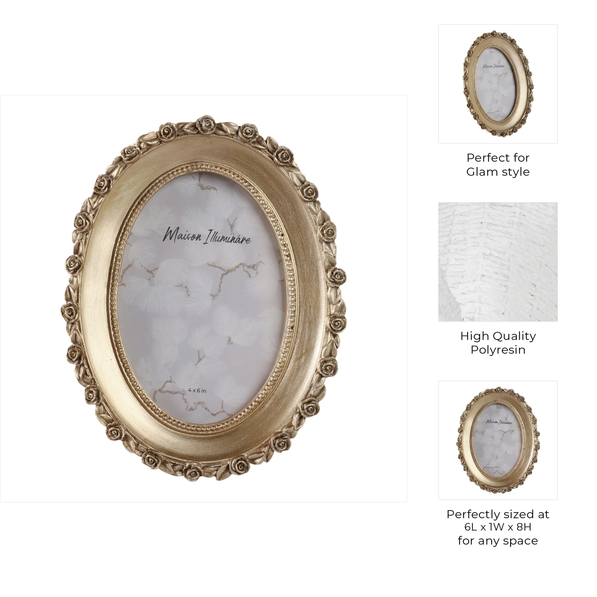 4x6 Oval Photo Frame With Rosette Border, Gold - Image 8