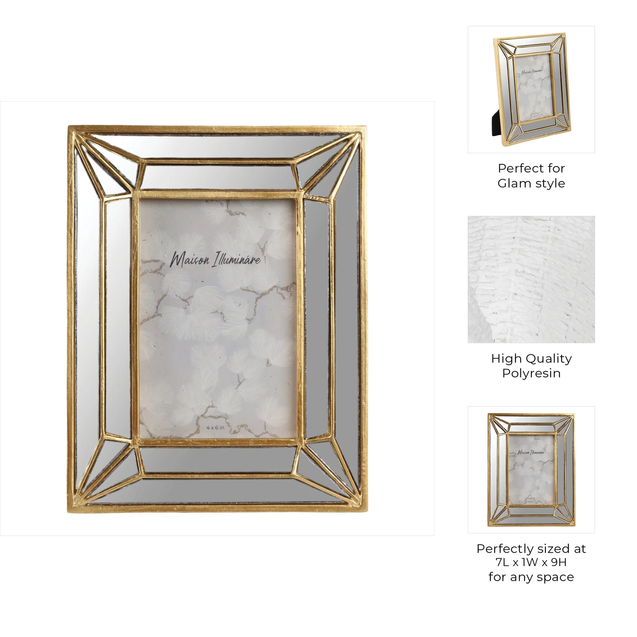 4x6 Resin Deco Mirrored Border Photo Frame, Gold - Image 8