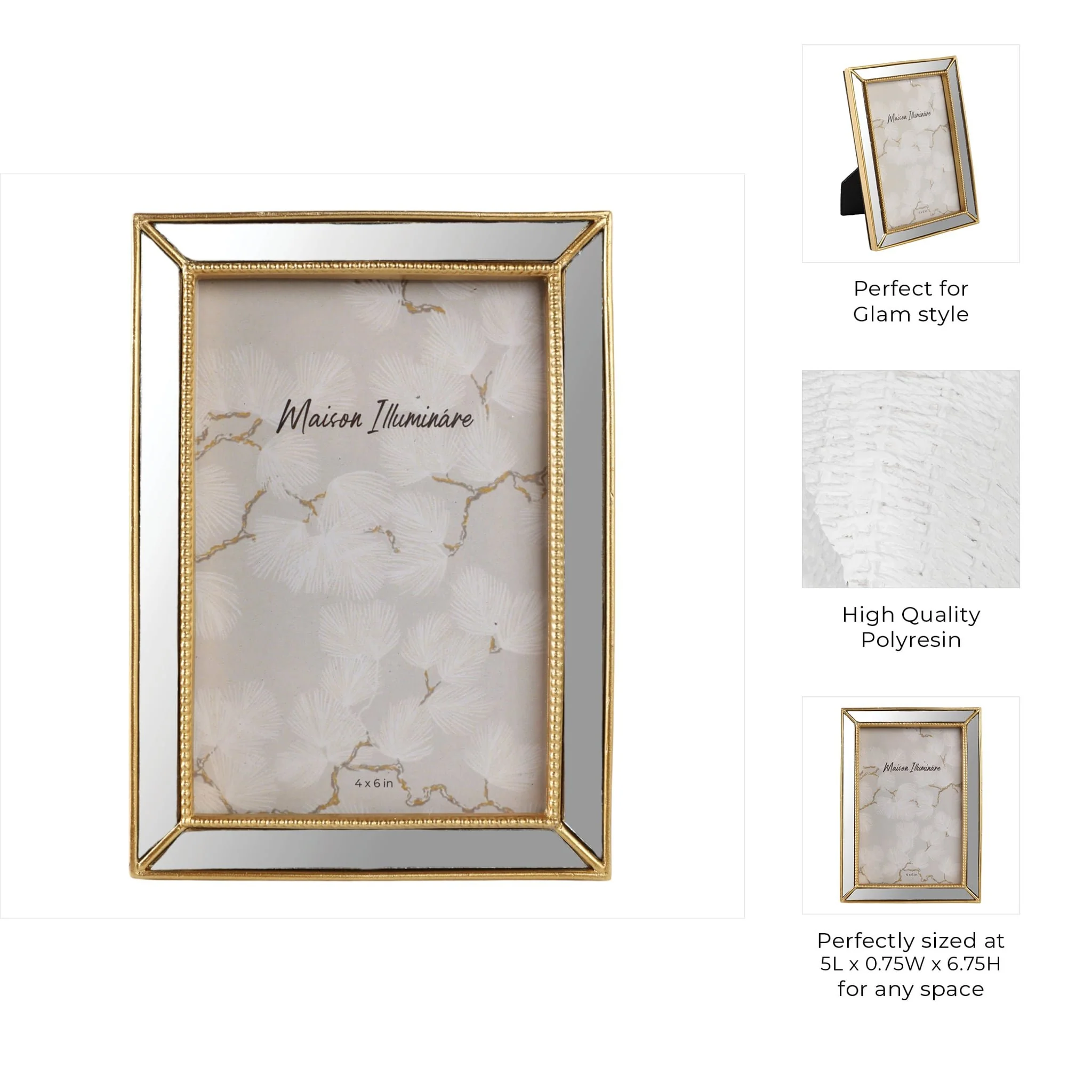 4x6 Resin Mirrored Beaded Border Photo Frame, Gold - Image 8