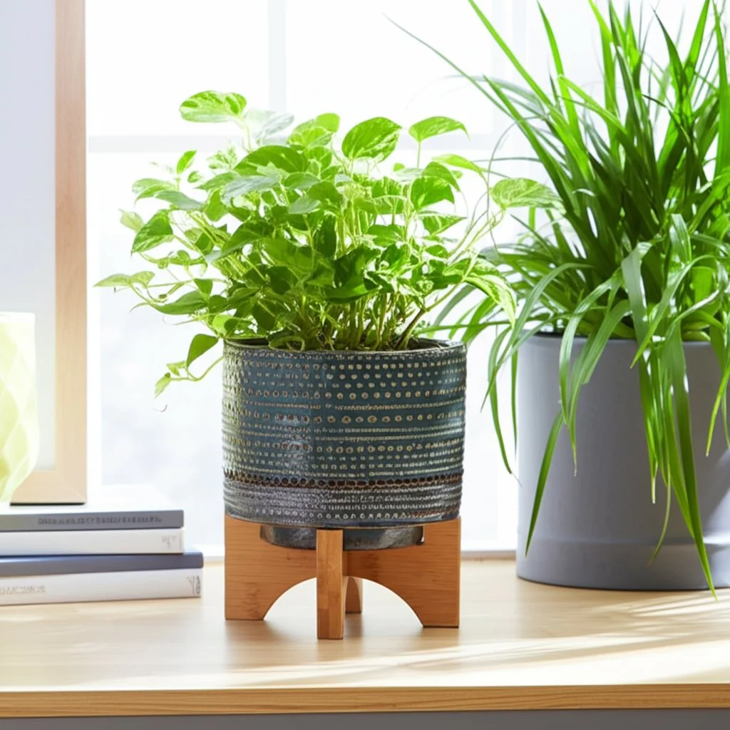 5" Dotted Planter W/ Wood Stand, Green - Image 12