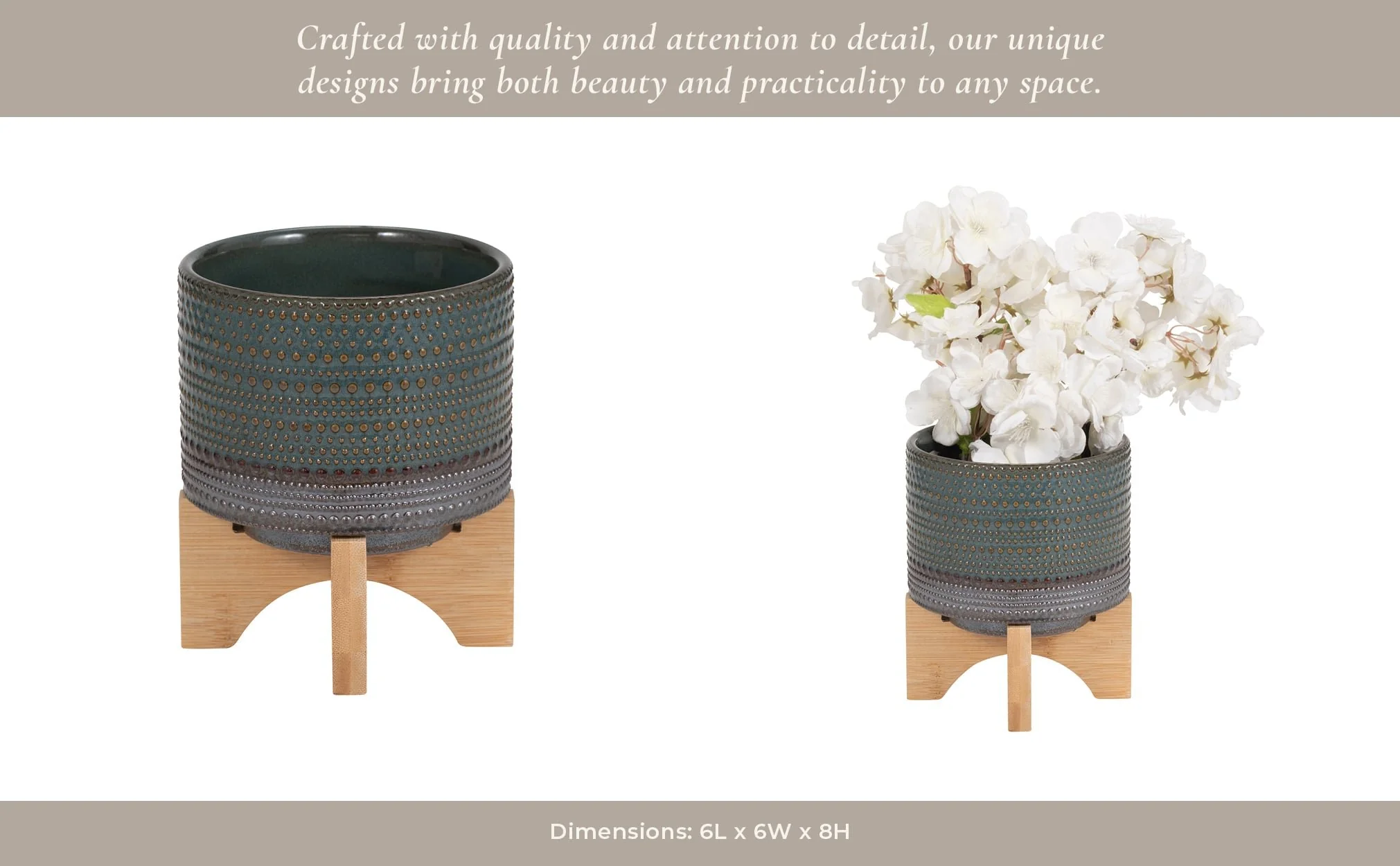 5" Dotted Planter W/ Wood Stand, Green - Image 14