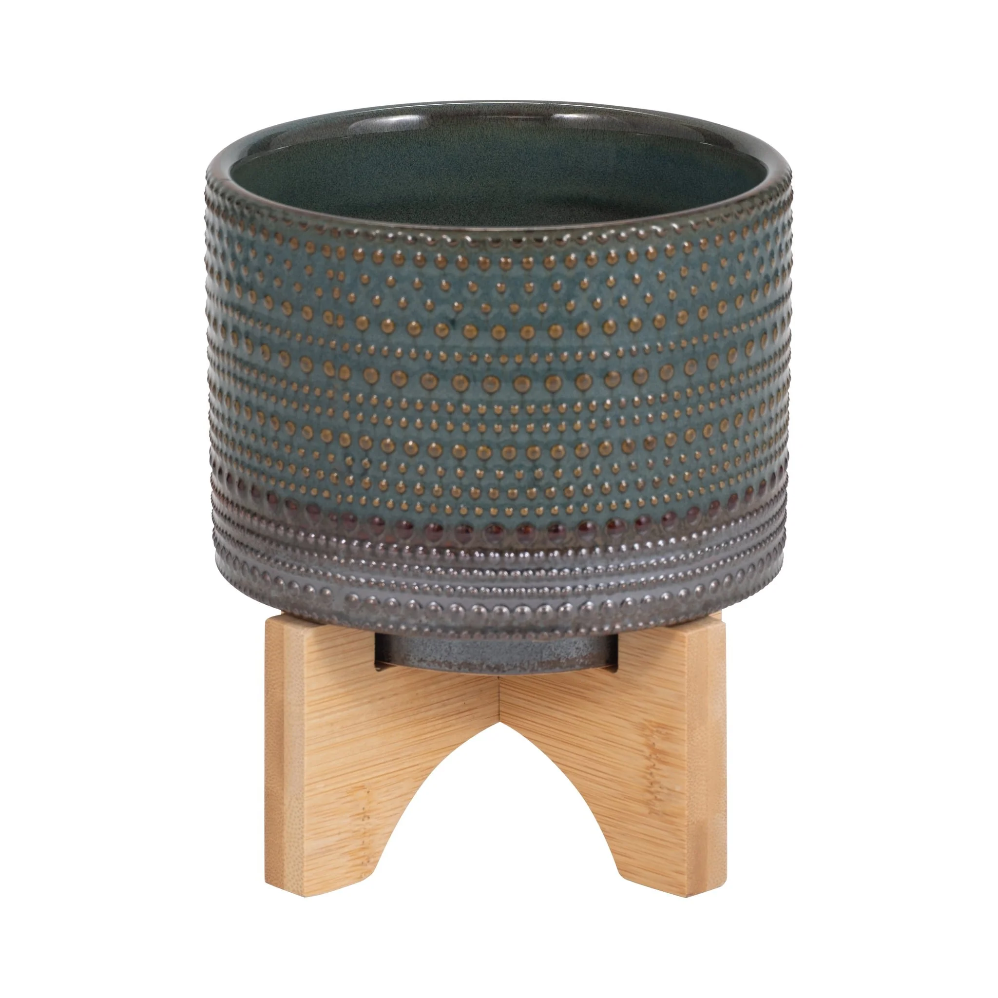 5" Dotted Planter W/ Wood Stand, Green - Image 4