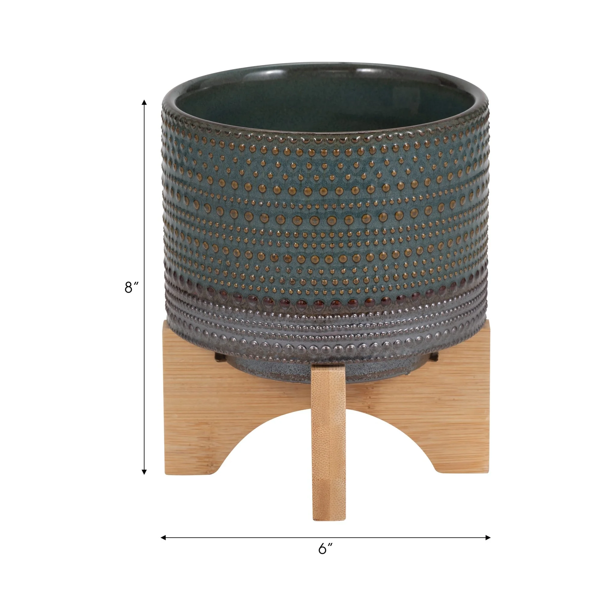 5" Dotted Planter W/ Wood Stand, Green - Image 9