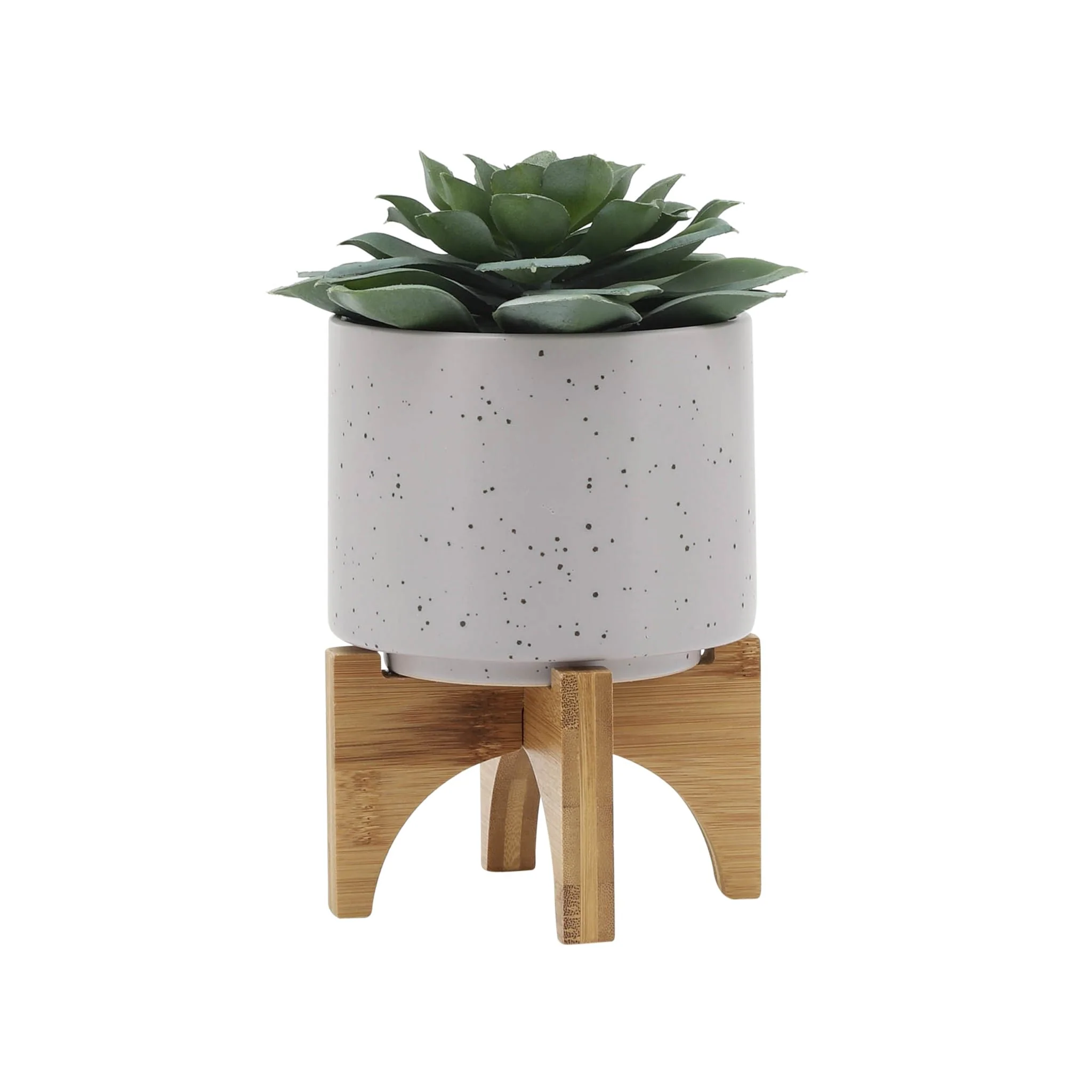 5" Planter W/ Wood Stand, Matte Beige - Image 3