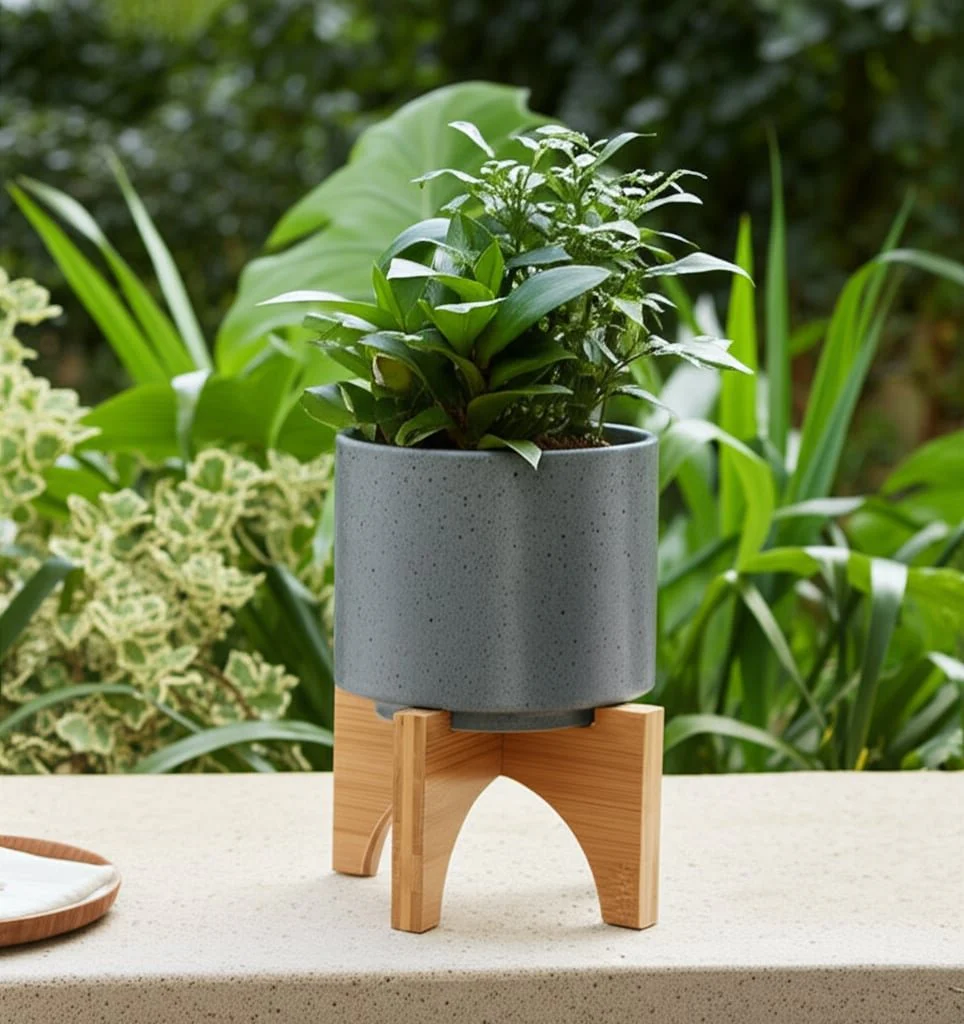 5" Planter W/ Wood Stand, Matte Gray - Image 14