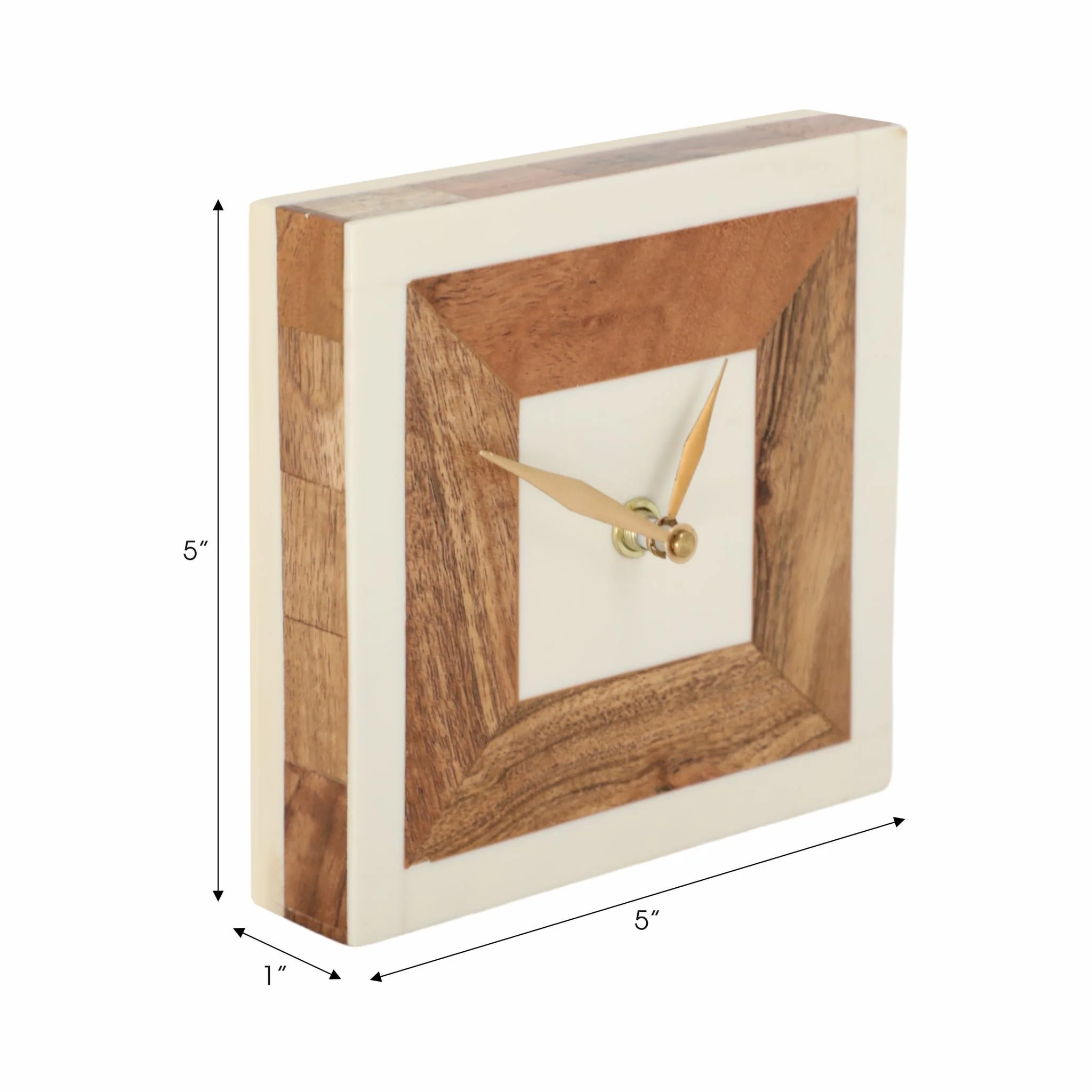 5" Square Resin Clock With Wood Inlay, Ivory/natur - Image 2