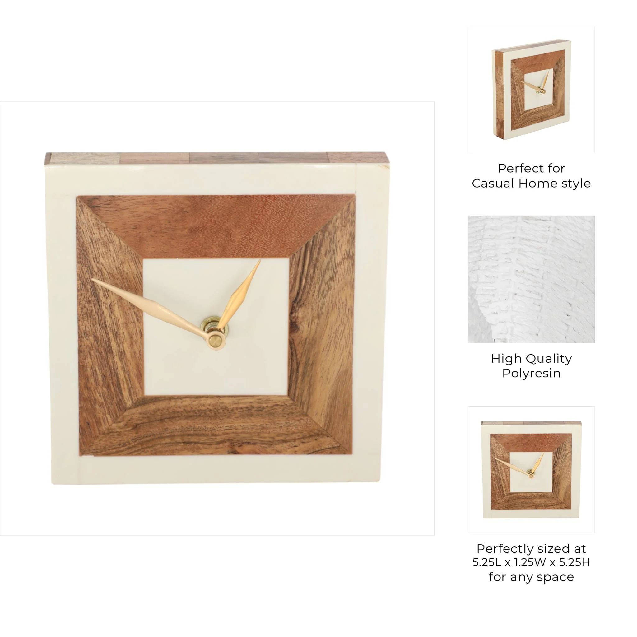 5" Square Resin Clock With Wood Inlay, Ivory/natur - Image 3