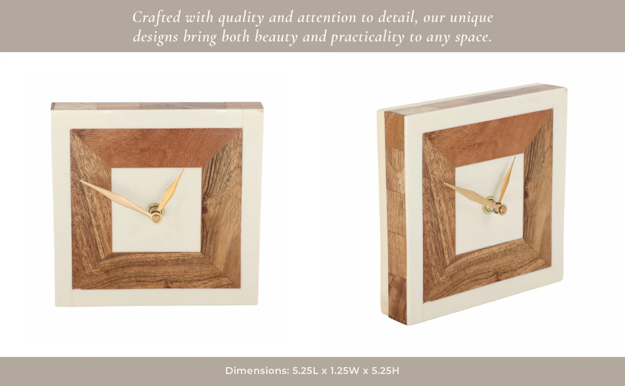 5" Square Resin Clock With Wood Inlay, Ivory/natur - Image 7