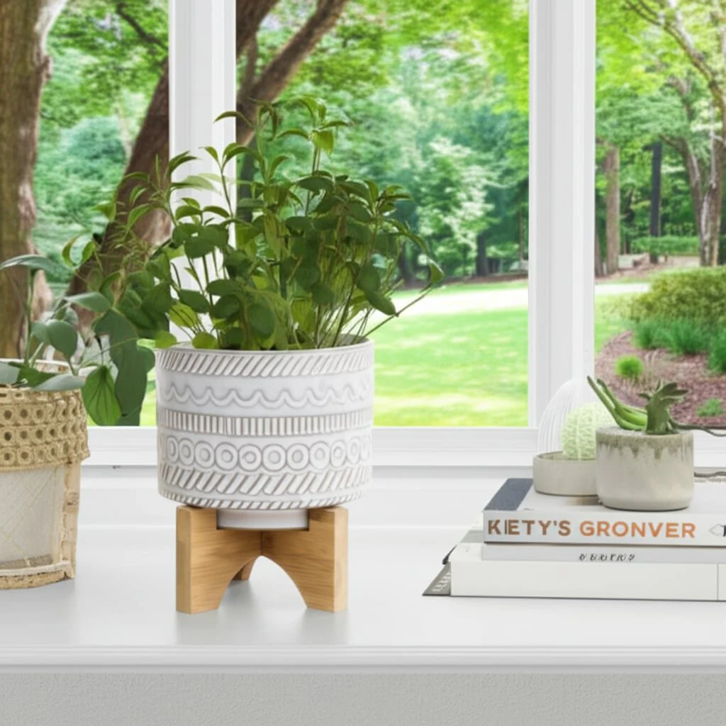 5" Tribal Planter W/ Wood Stand, Beige - Image 11