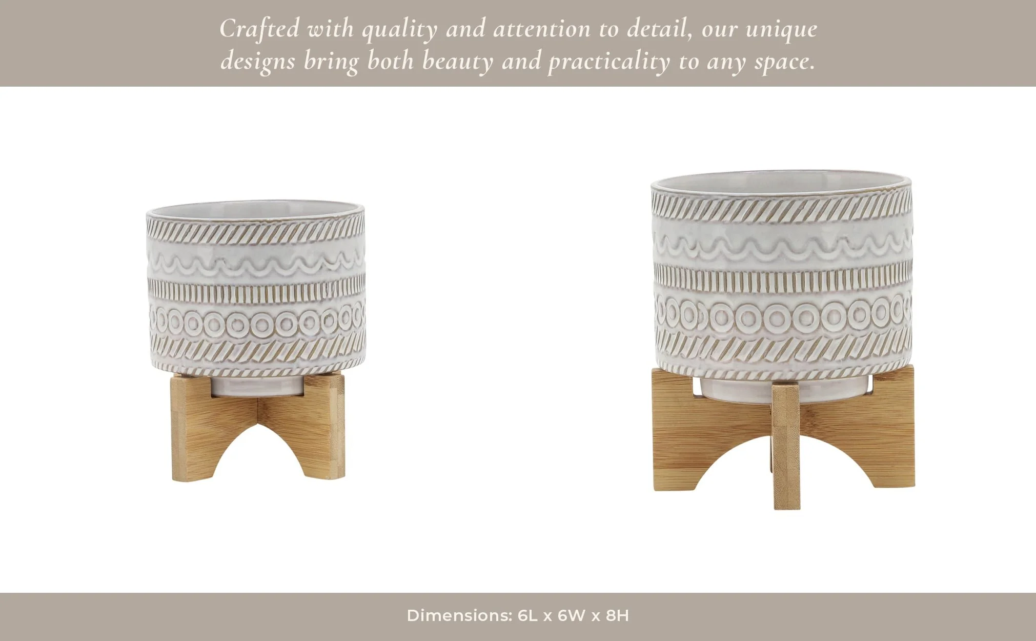 5" Tribal Planter W/ Wood Stand, Beige - Image 12