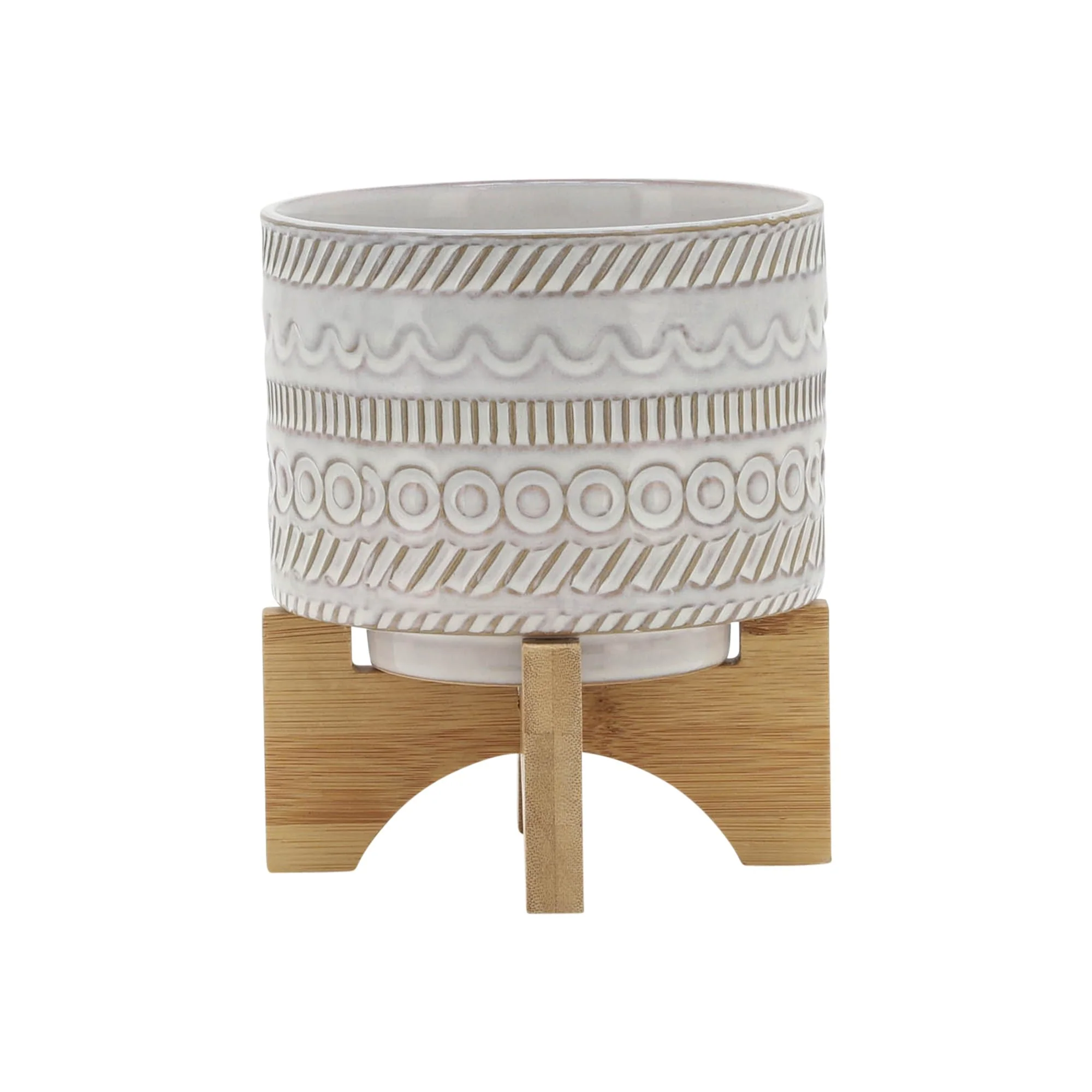 5" Tribal Planter W/ Wood Stand, Beige - Image 2