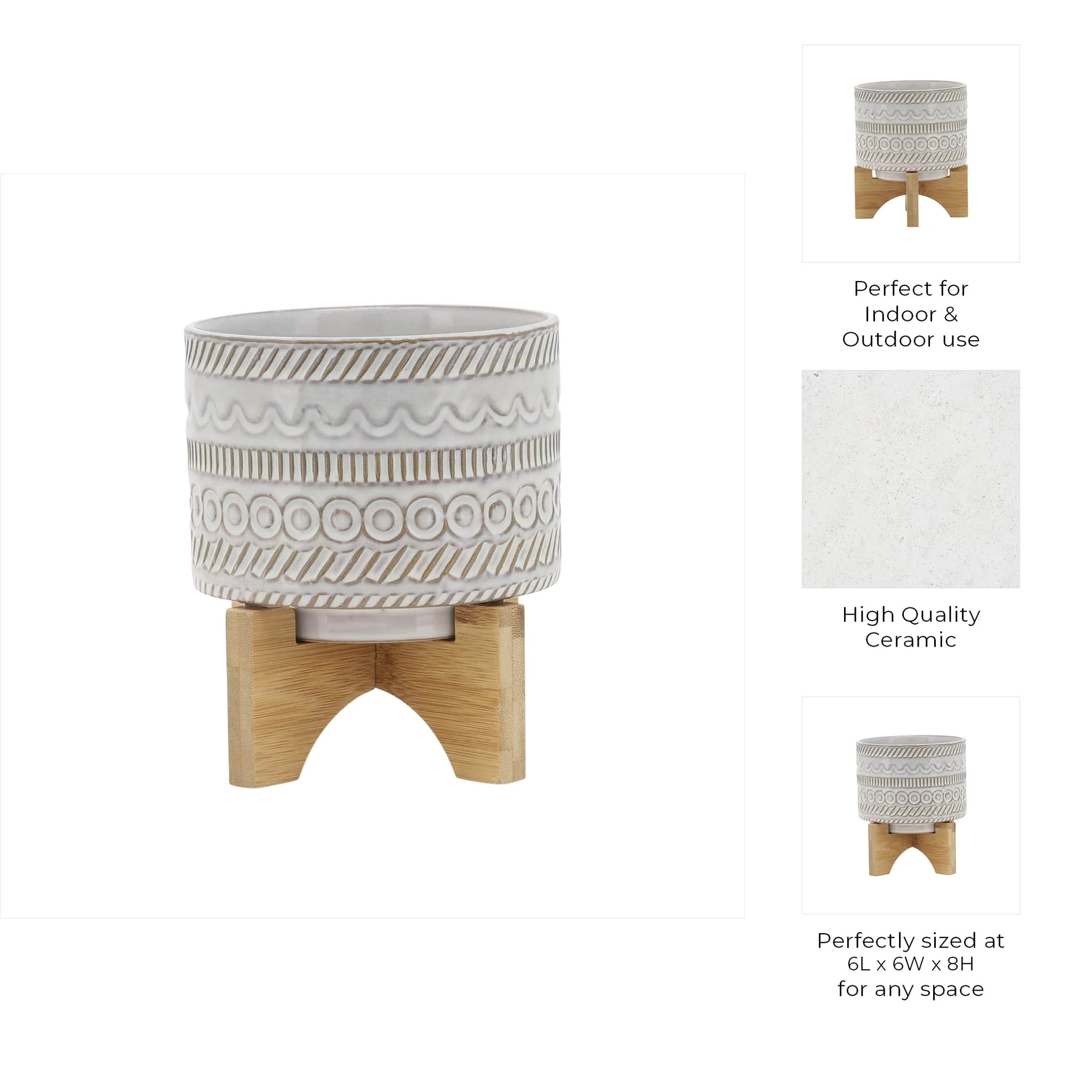 5" Tribal Planter W/ Wood Stand, Beige - Image 9