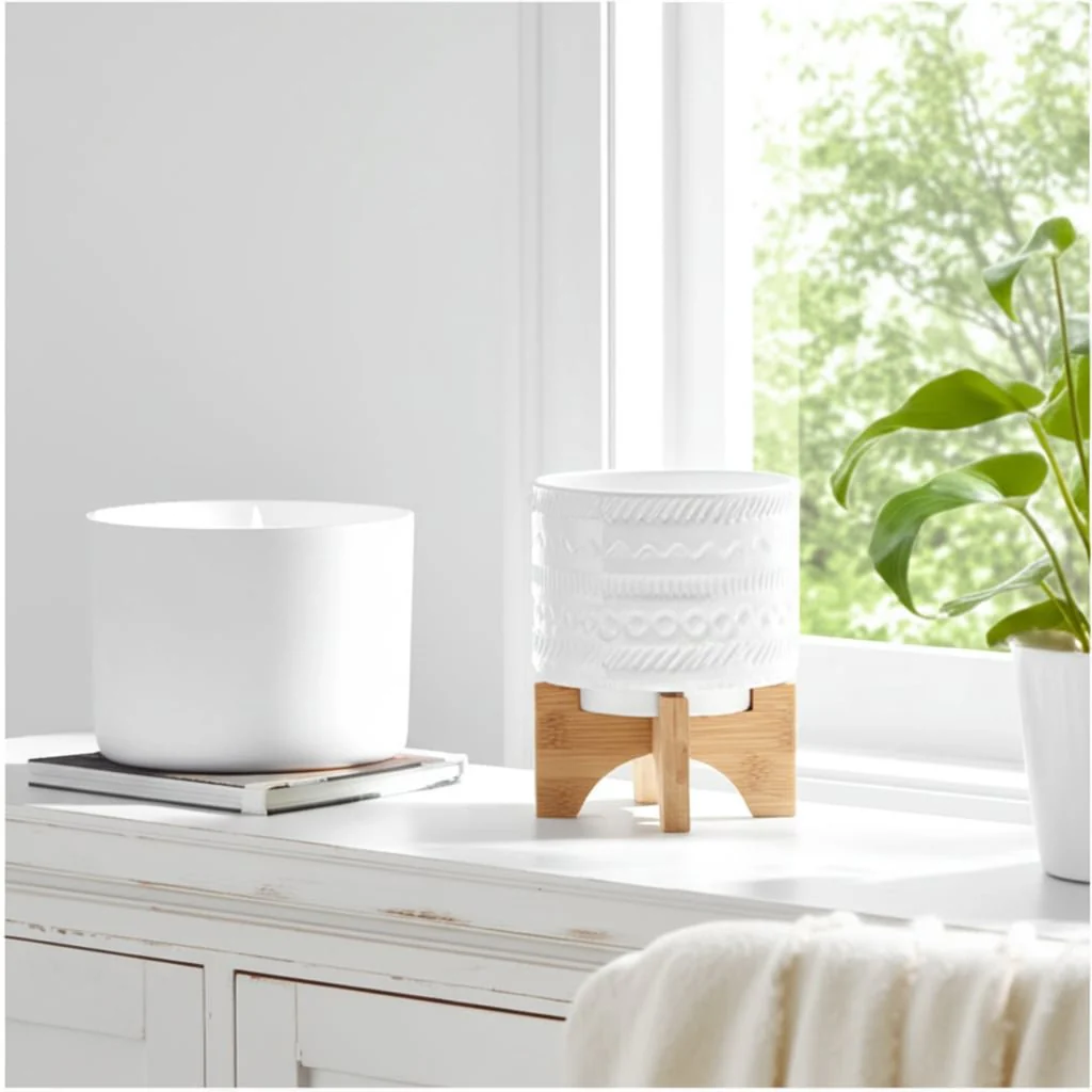 5" Tribal Planter W/ Wood Stand, White - Image 13