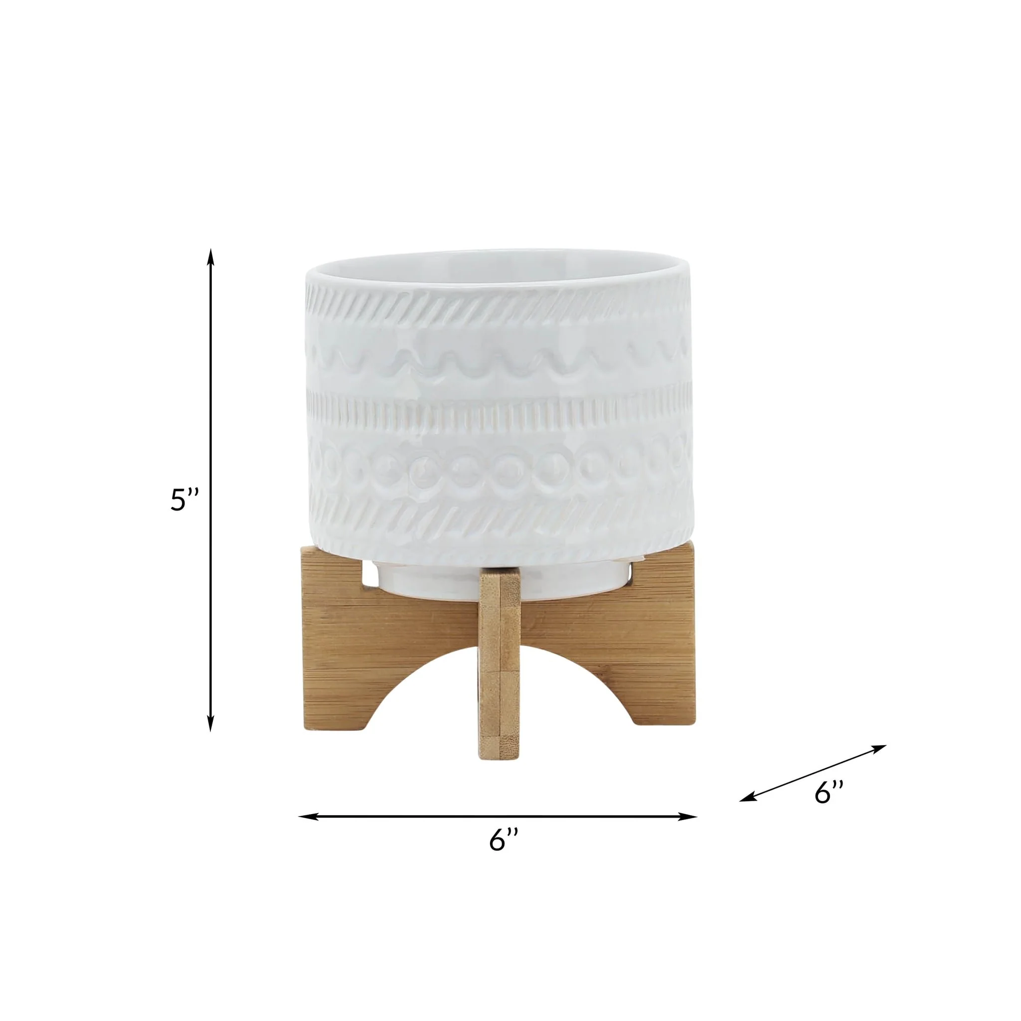 5" Tribal Planter W/ Wood Stand, White - Image 8