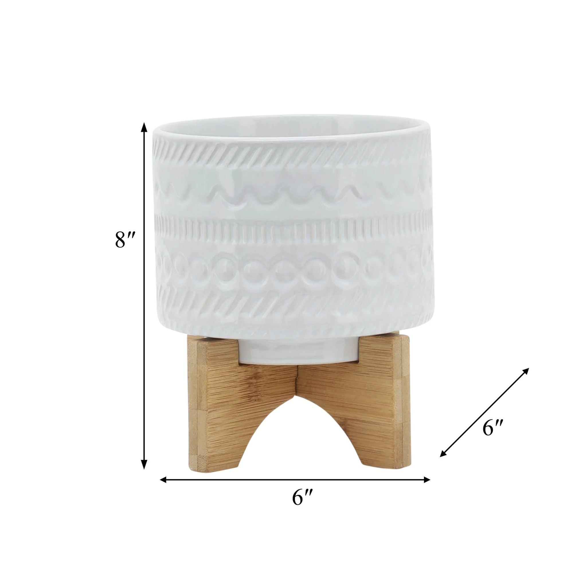 5" Tribal Planter W/ Wood Stand, White - Image 9