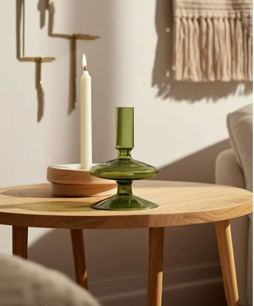 5" Vintage Glass Taper Candle Holder, Olive - Image 4