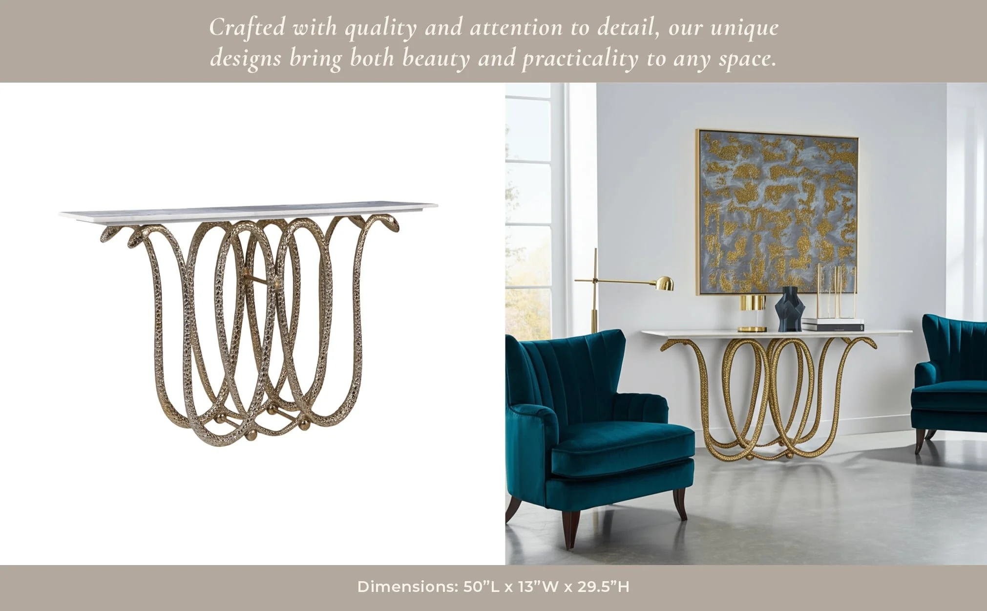 50x30" Snake Base Marble Top Console Table, White/ - Image 10