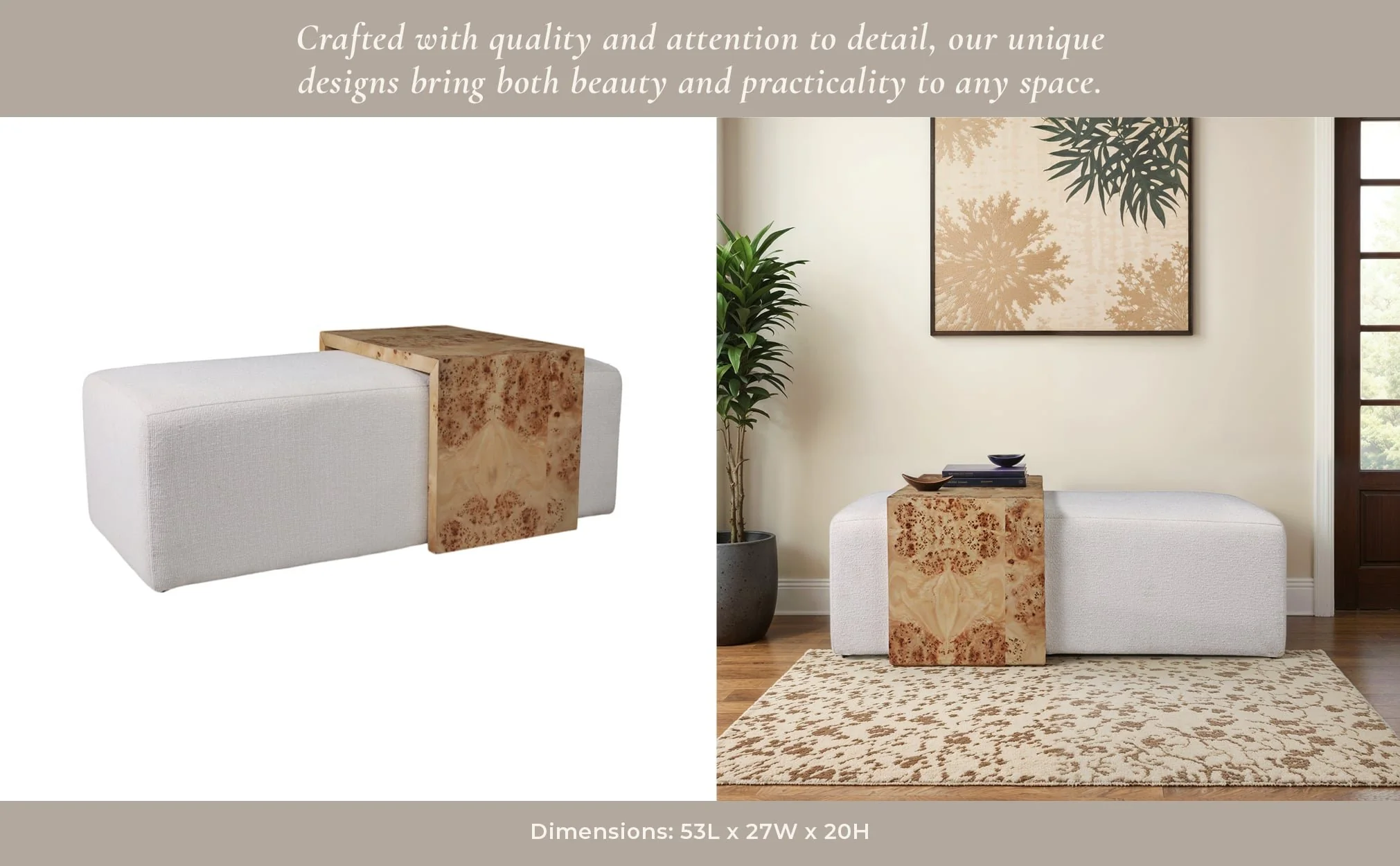 53" Rectangular Ottoman With Burl Wood Table, Ivor - Image 11