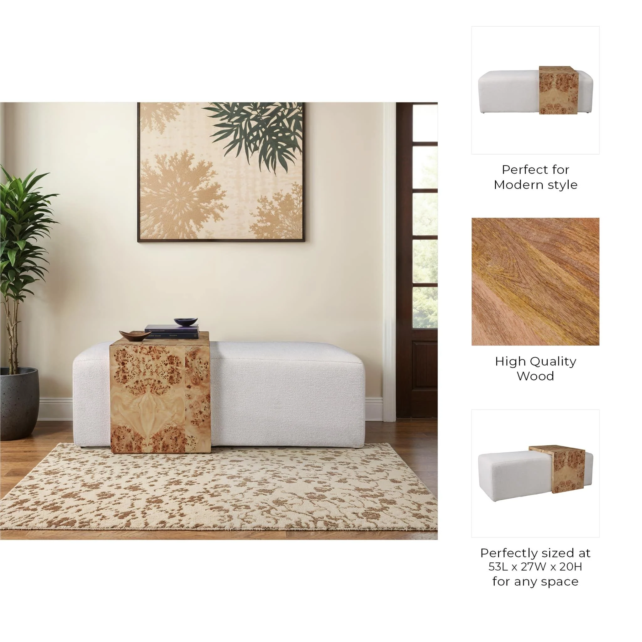 53" Rectangular Ottoman With Burl Wood Table, Ivor - Image 9